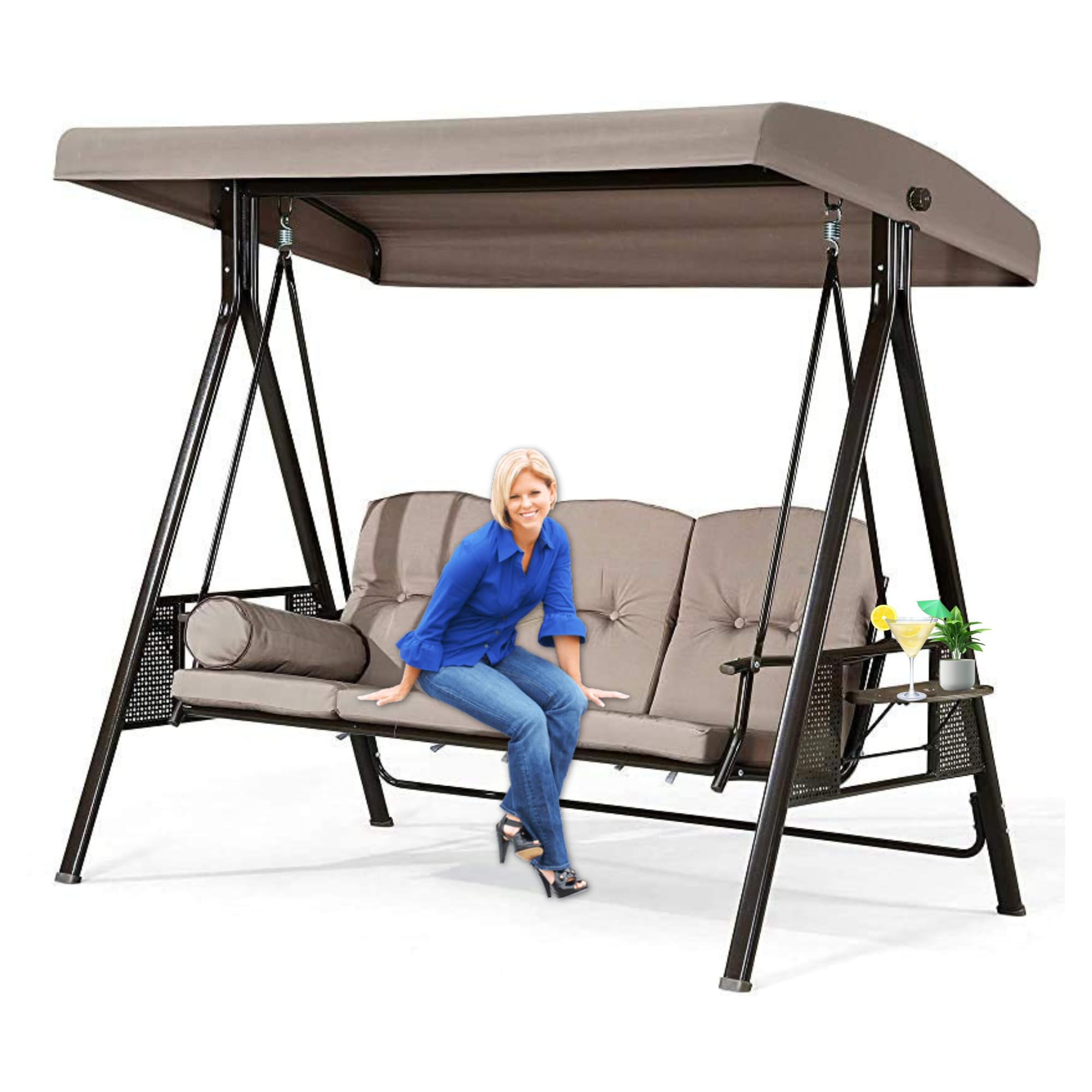 3 Seater Outdoor Swing Jhula for Adults & Kids with Cushions, Adjustable Canopy & Foldable Side Tray | 300kg Capacity | Heavy Duty Patio Swing Chair for Balcony, Garden, Terrace – Weather Resistant-image-40