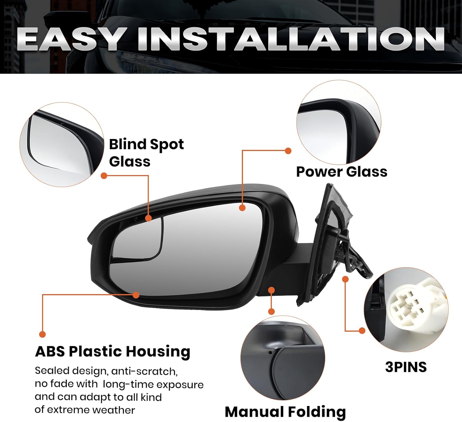 Left Driver Side Mirror Compatible with Toyota RAV4 2016 2017 2018 Door Mirrors Power Glass Manual Folding Non-Heated