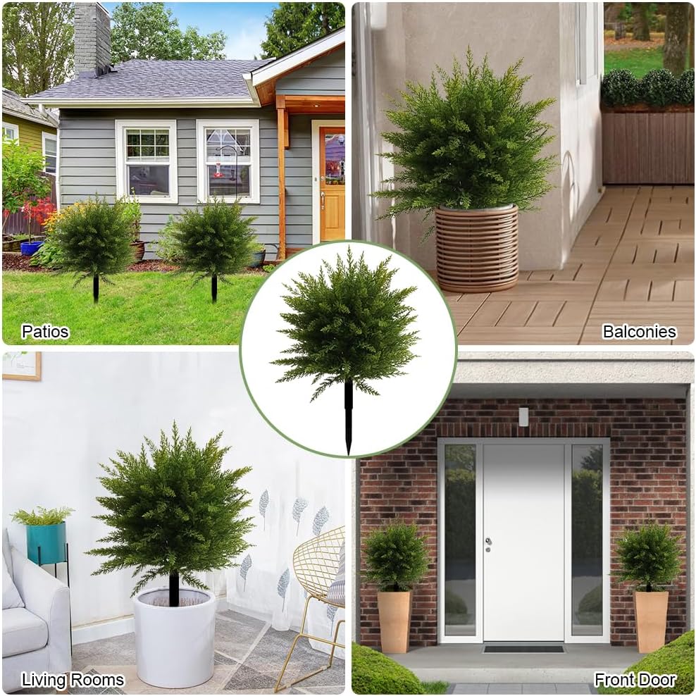 Artificial Cedar Topiary Ball Trees for Outdoors, 24" UV Resistant Lifelike Faux Cypress Plants with Ground Spike, Large Fake Evergreen Shrubs Bushes for Porch Front Garden Home Decor (1 Pack)