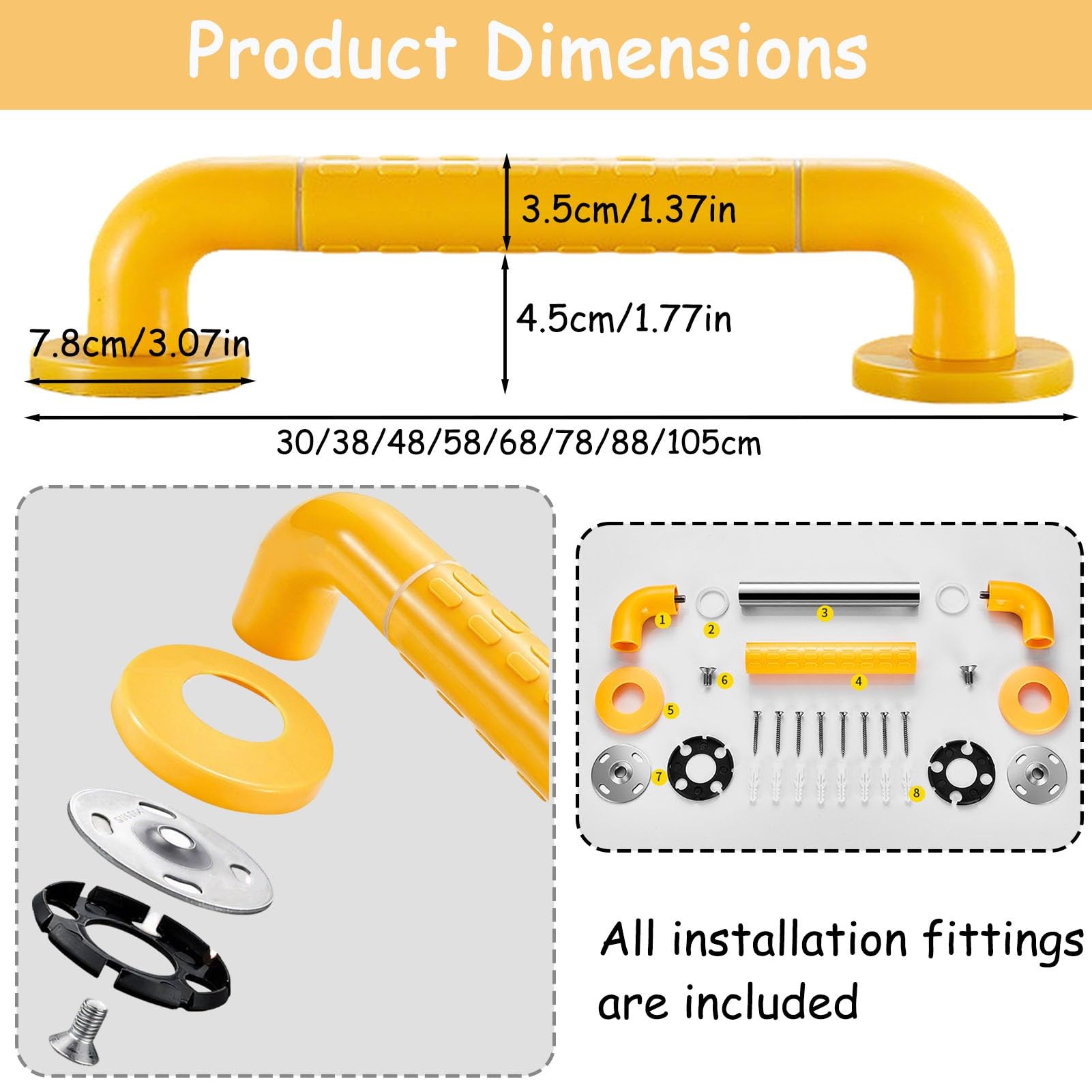 Maniglione di Supporto per Doccia e Vasca da Bagno, Cerchio di Sicurezza Fluorescente 38 cm 48 cm 58 cm, corrimano di Supporto per WC, per disabili, Anziani, infortunati, portasciu