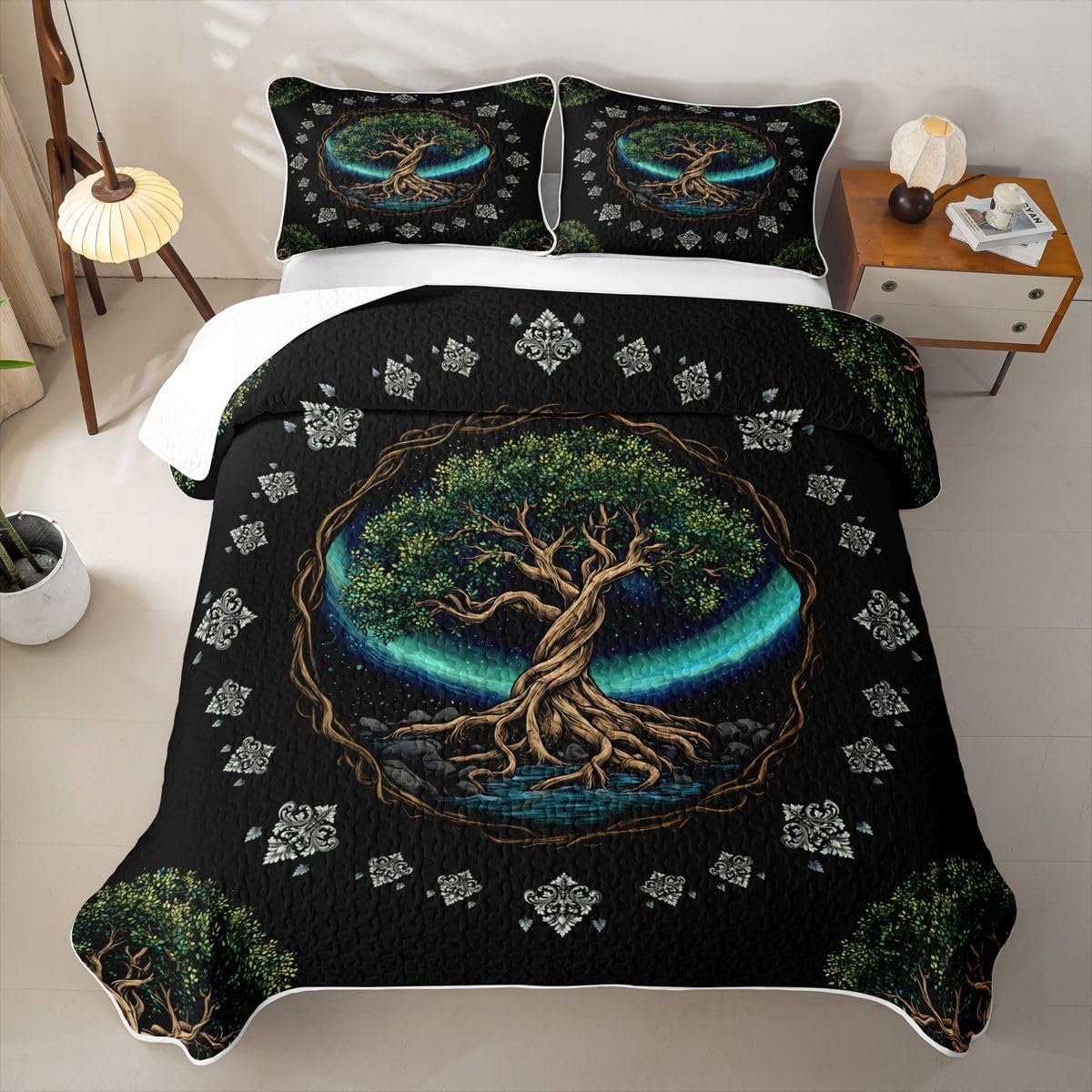 Castle Fairy Vintage Tarot Card Quilt Bedding Set,Black Cat Moon Sun Queen Size,Mysterious Boho Gothic Quilt Sets for Boys Girls,Purple Golden 3Pcs with 2 Pillow Shams