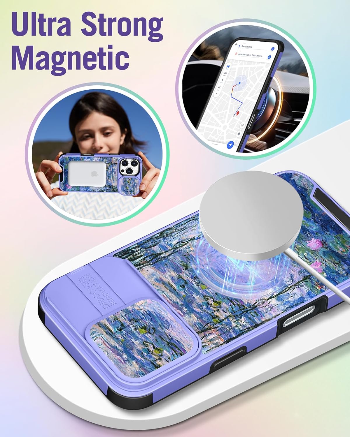 Buleens for iPhone 16 Pro Max Case 6.9 Inch - with Ring Stand & Camera Cover Aesthetic Cute Designed Women Girls Girly Kawaii Blue Water Lily Phone Case for iPhone 16 Pro Max Compatible with Magsafe - Image 4
