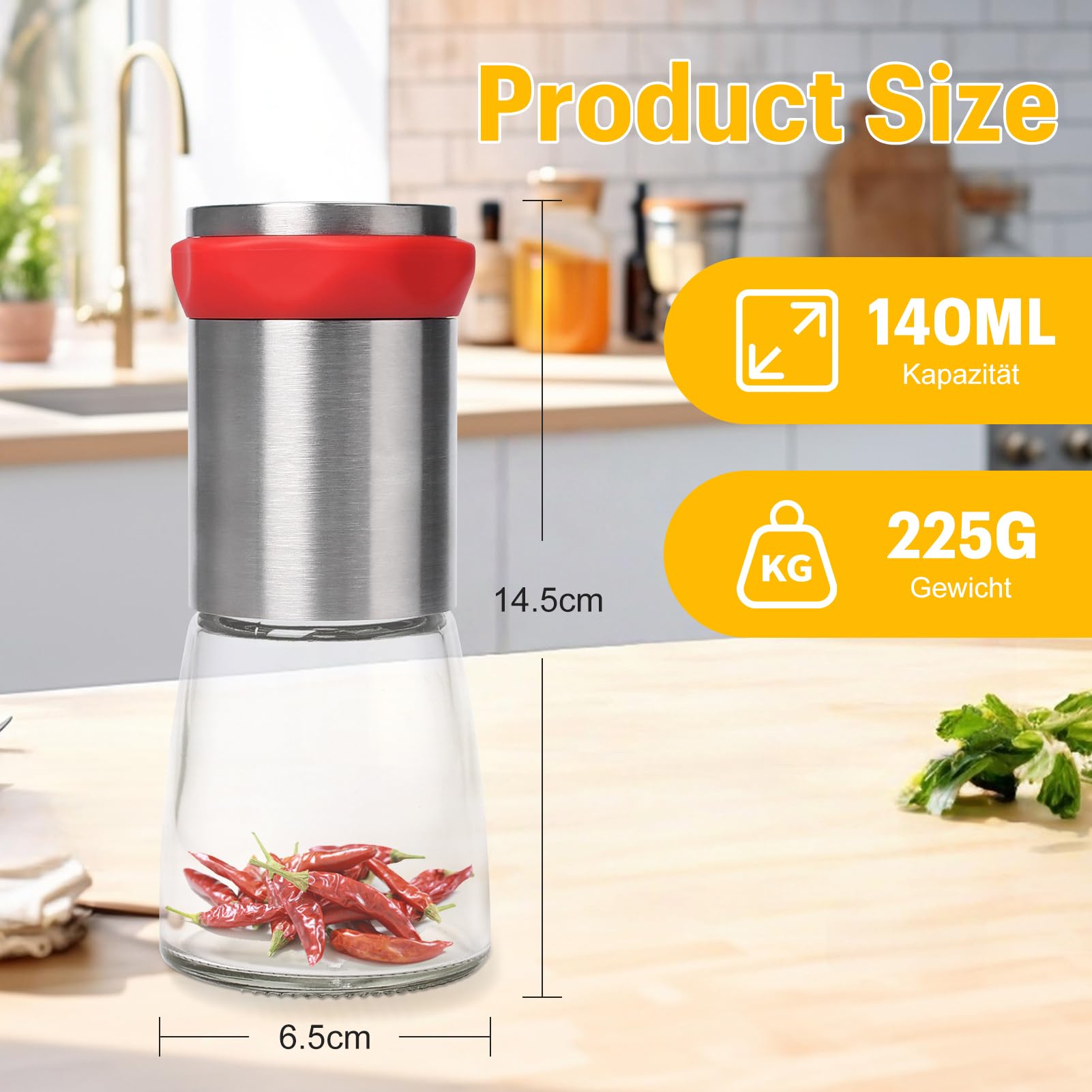Chilimühle Edelstahl & Glas,Chilischneider für Getrocknete Chilis und Grobe Gewürze,Gewürzschneider Schneidwerk set mit Schneideklinge,für viele Paprikasorten geeignet