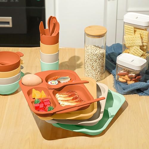 Miniatura 5 de Tanlade Juego de 24 cubiertos de paja de trigo, platos divididos, platos irrompibles, aptos para microondas, lavavajillas, cubiertos, cuchara,