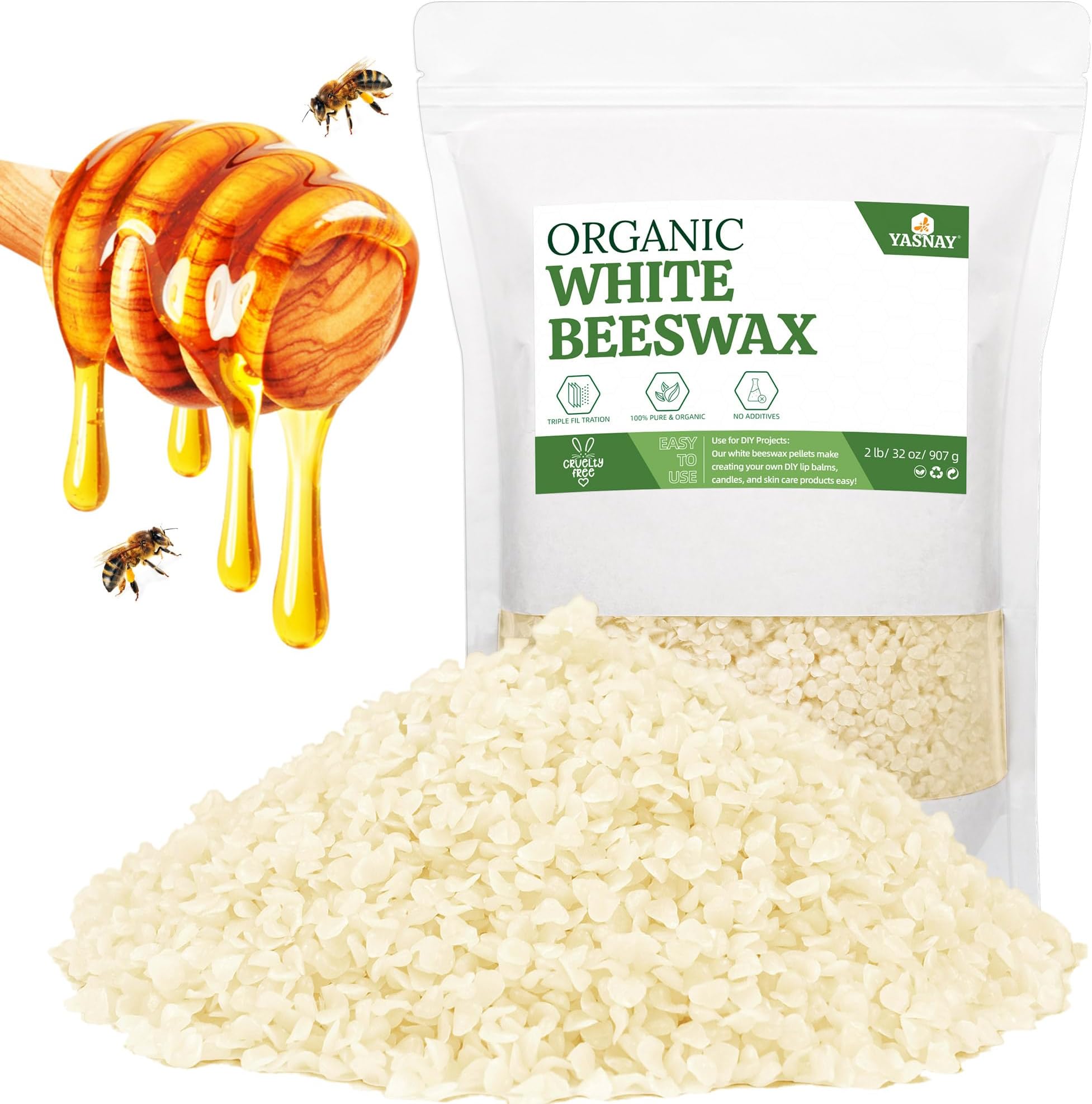 White Beeswax Pellets 2LB, 100% Organic Beeswax, Beeswax for Candle Making, Body, Skin Care DIY, Lip Balm and Soap Making Supplies