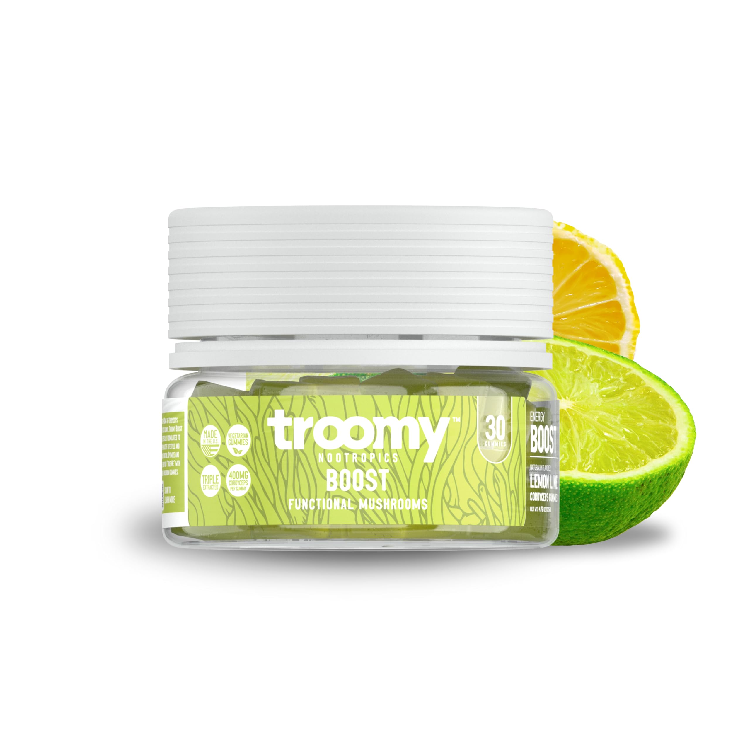 Troomy Boost Cordyceps All Natural Mushroom Gummies - Supports Active Lifestyle & Hyper Focus - Lemon Lime - 30 Count