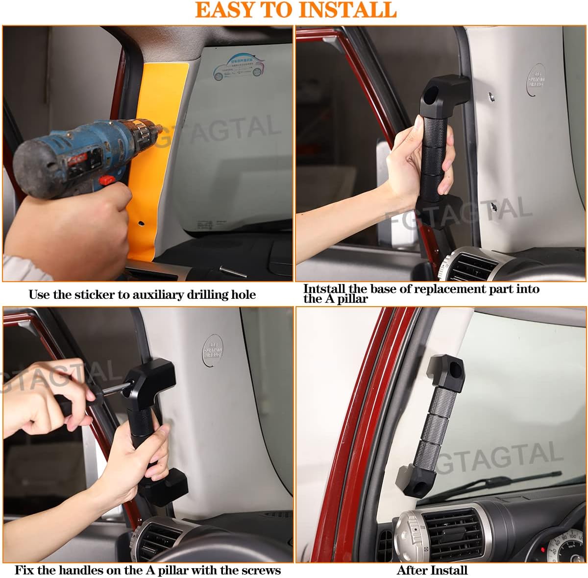 Car A-Pillar Grab Handle Replacement Compatible with Toyota FJ Cruiser 2007-2021, Side A-Pillar Grab Handle, Driver and Passenger Aluminum Interior Grab Kit, 2PCS(Black)