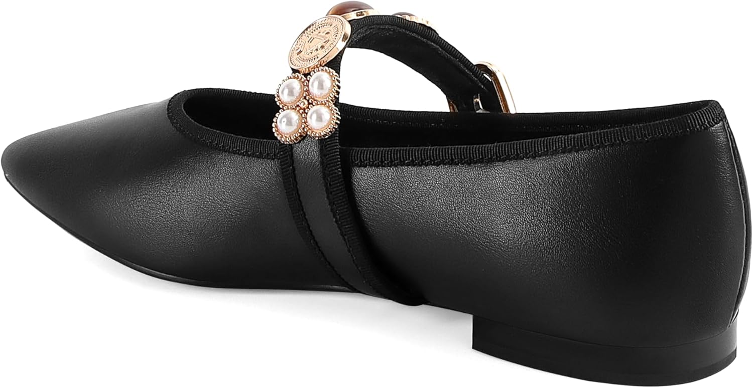 Women’s Pointed Toe Mary Jane Flats Gold Studded Ballet Flats with Buckle Strap Jeweled Dressy Comfortable Ballerina Flats Work Walking Office Shoes