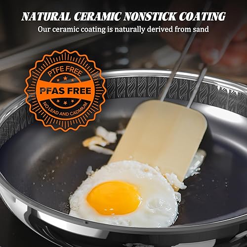 Miniatura 4 de Sartén antiadherente de cerámica híbrida de 10 pulgadas, sartén de acero inoxidable de 3 capas, revestimiento de 2 capas, libre de PFAS y PTFE