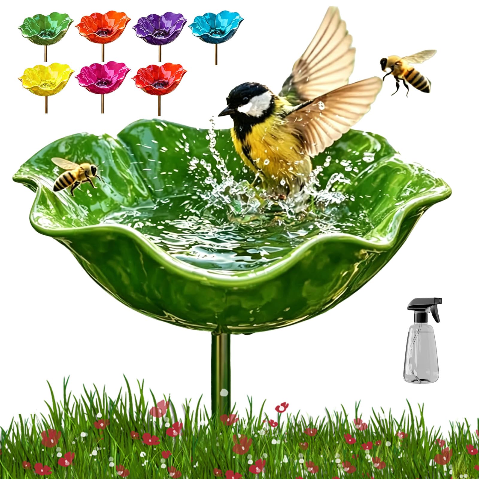 Handmade Metal Flower Garden Stake, Flower-Shaped Bird Bath & Bird Feeder for Nature Lovers, Colorful Butterfly Bee Watering Station for Outdoor Garden Lawn Yard Patio Landscape Decor (Green)