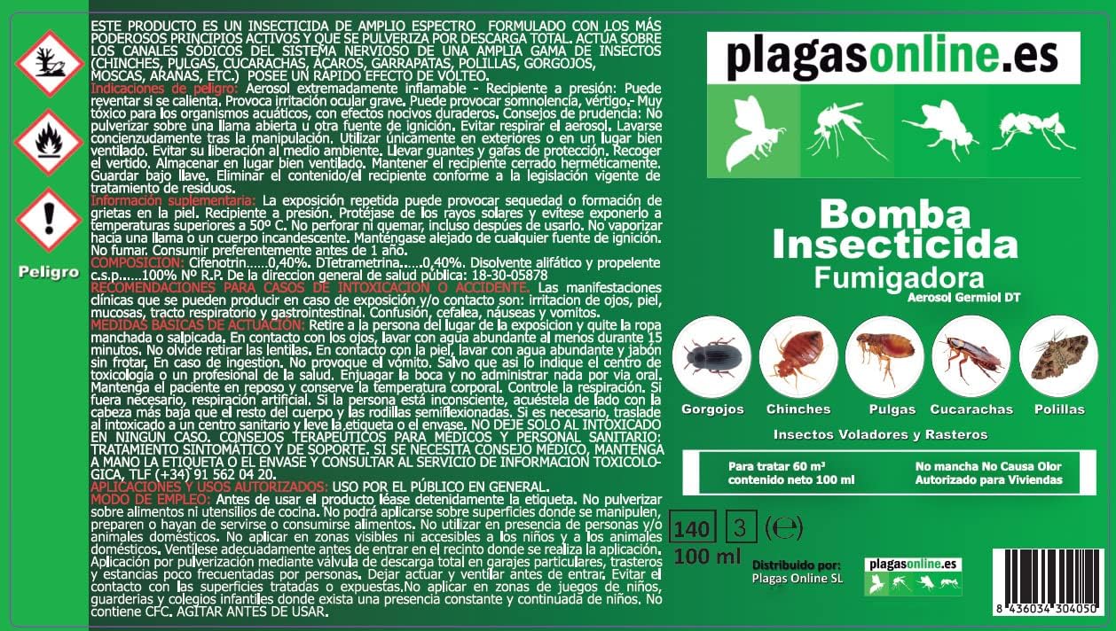 Bomba Insecticida Fumigadora anti Chinches, Ácaros, Pulgas, Cucarachas, Mosquitos, Hormigas, Polillas… - Uso interiores - Acción Rápida y Duradera - 100ml (3 uds)