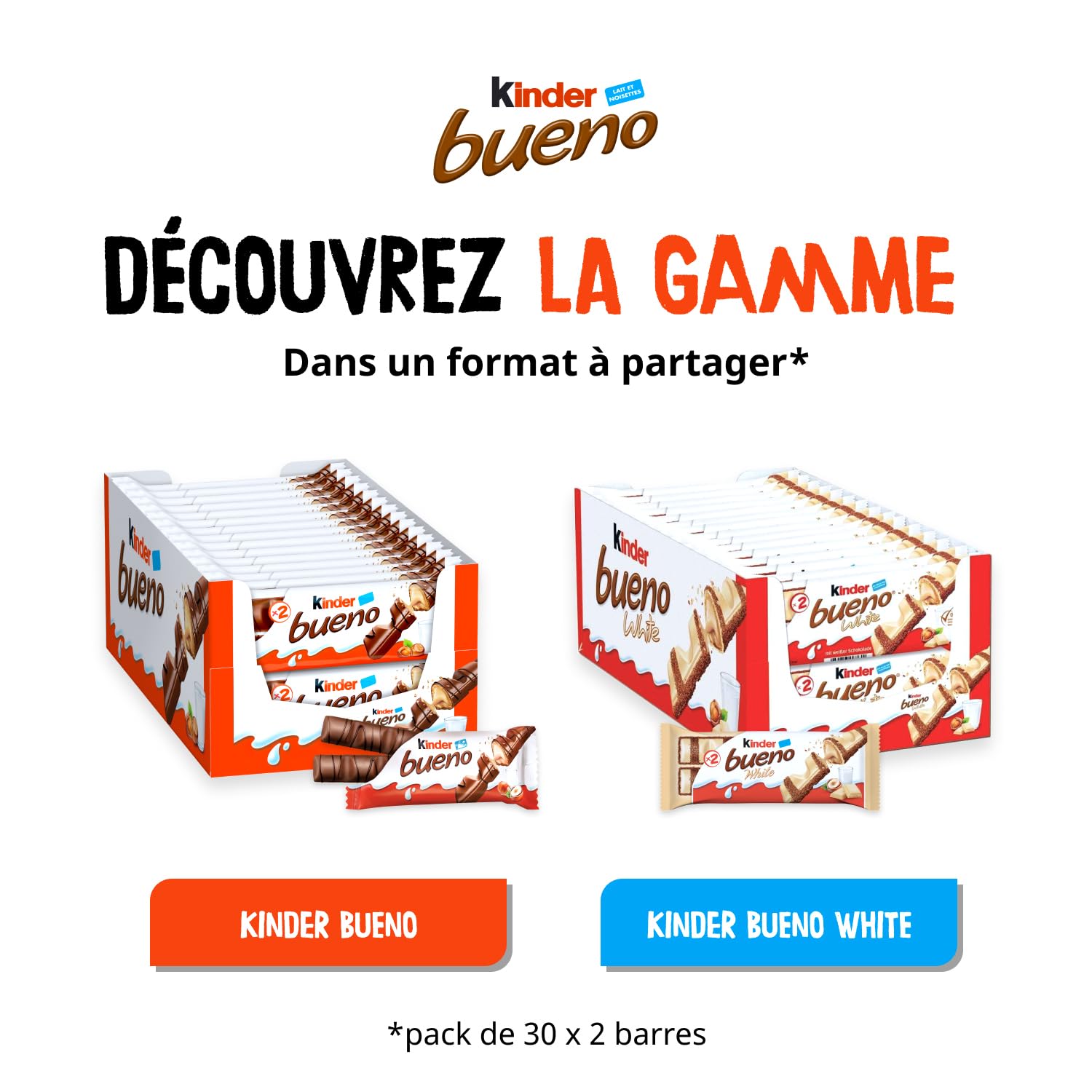 Kinder Bueno White - Fine Gaufrette Enrobée de Chocolat Blanc avec un Coeur Lait et Noisettes - Biscuit Fondant et Croustillant - Format à partager- 30 x 2 Barres (39g)