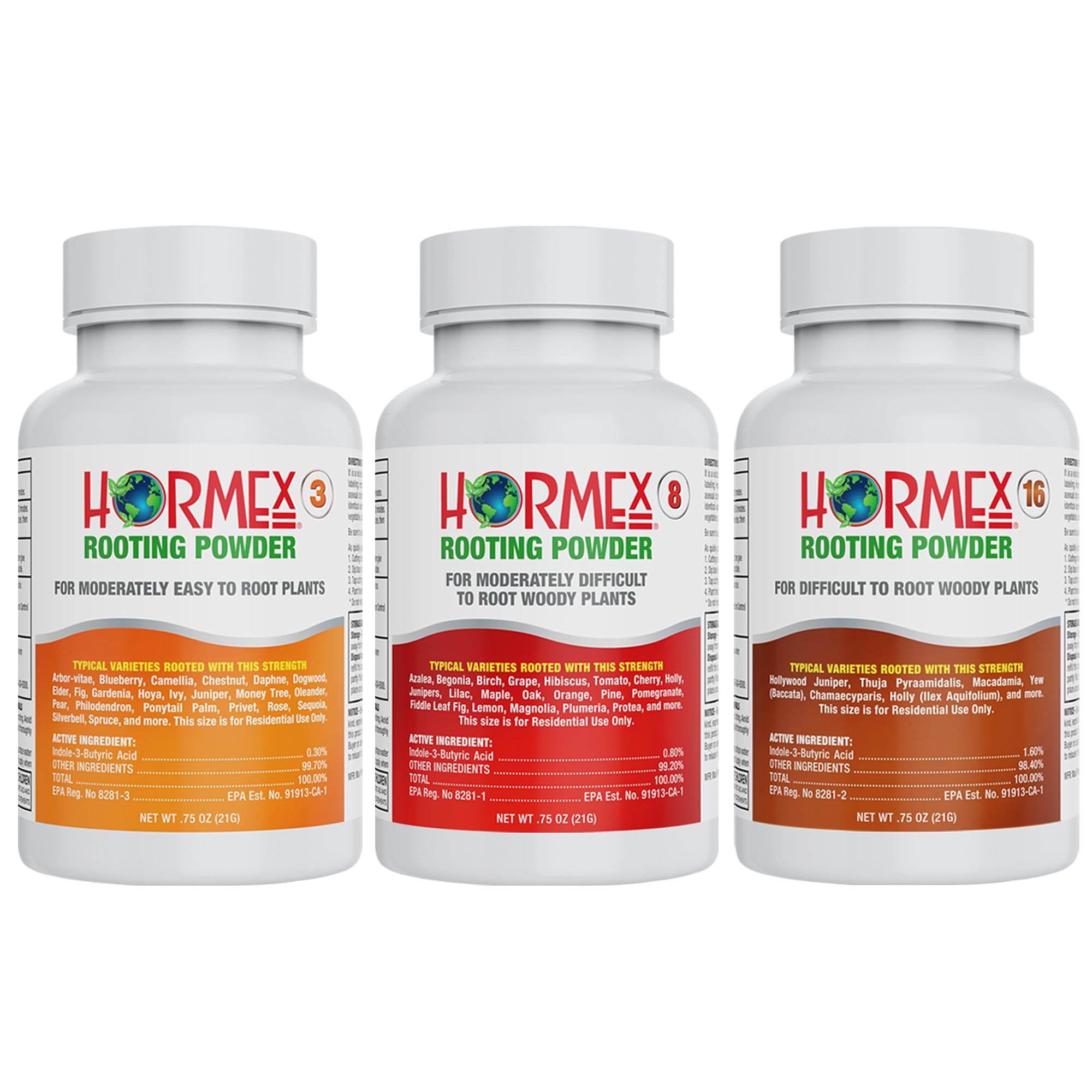 Hormex Rooting Powder #3, 8, 16 (0.30-1.6 IBA) - Rooting Hormone for Common Home Garden Plants, Very Difficult Hardwood, Medicinal, & Tree Cuttings - Root Stimulator for Plant Cloning & Propagation