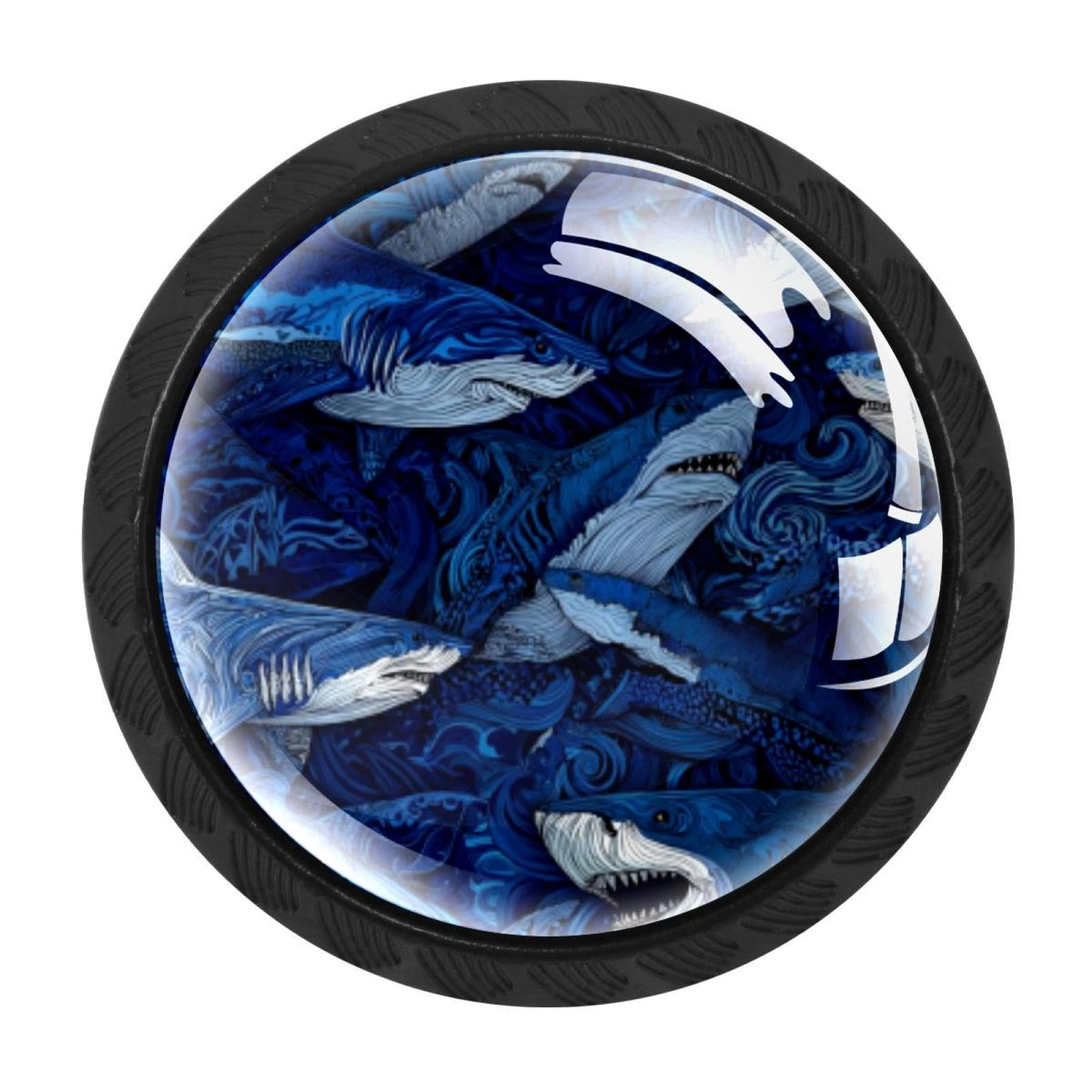 CHENZZZZ 4Pcs Sharks Blue Drawer Knobs Black Cabinet Knobs Cupboard Handles Hardware Round Door Pull Handle for Cabinet Wardrobe Drawer Bedroom Bathroom Furniture