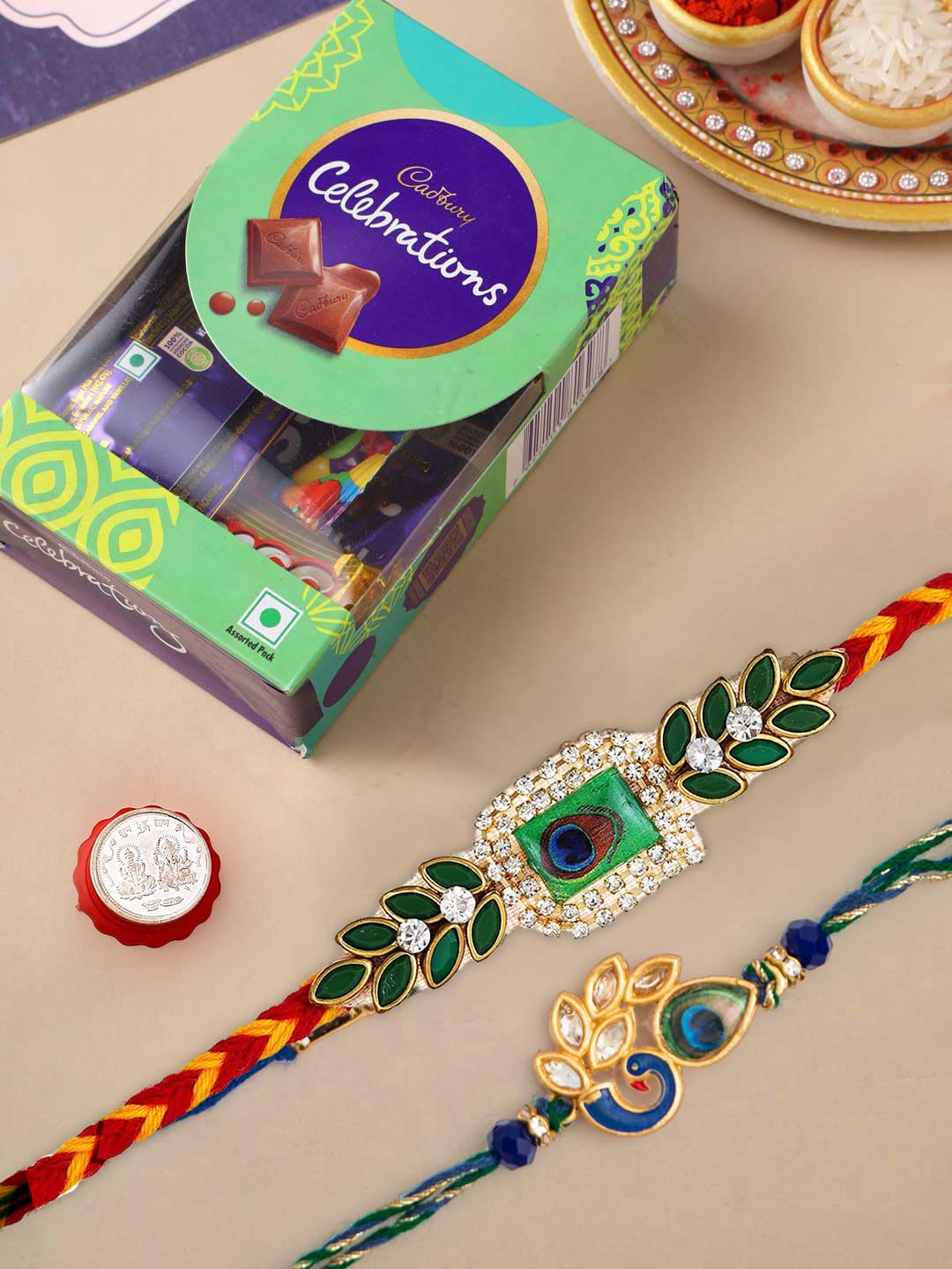 CraftVatika Rakhi Chocolate Combo for Brother | Rakhi Set of 2 | Pooja Coin | Cadbury Chololate Pack | Rakhi with Gift for Men Boy Bhaiya Bhabhi Girls Kids (B0CC3M3ZT4) Amazon Price History, Amazon Price Tracker
