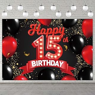 Happy 15th Birthday Red and Black Banner Backdrop Decorations Balloons Theme Decor for Girls Women Princess 15 Years Old Birthday Party Bday Photo Booth Props Supplies Background Favors Glitter Gold