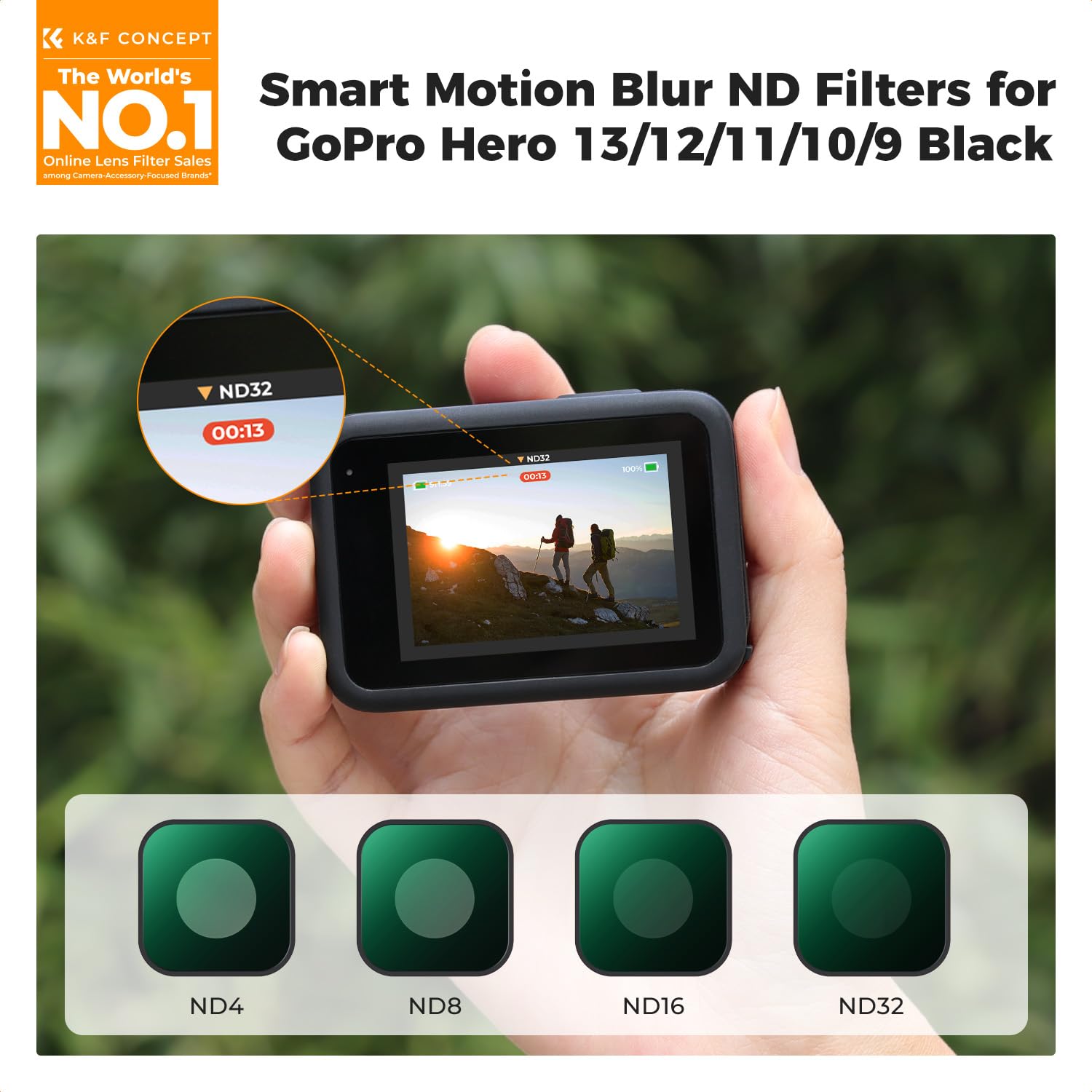 K&F Concept ND4, ND8, ND16, ND32 Filtry kompatybilne z Gopro Hero 13 12 11 10 9, wielowarstwowe powlekane szkło optyczne o neutralnej gęstości, wykryte przez HERO 13
