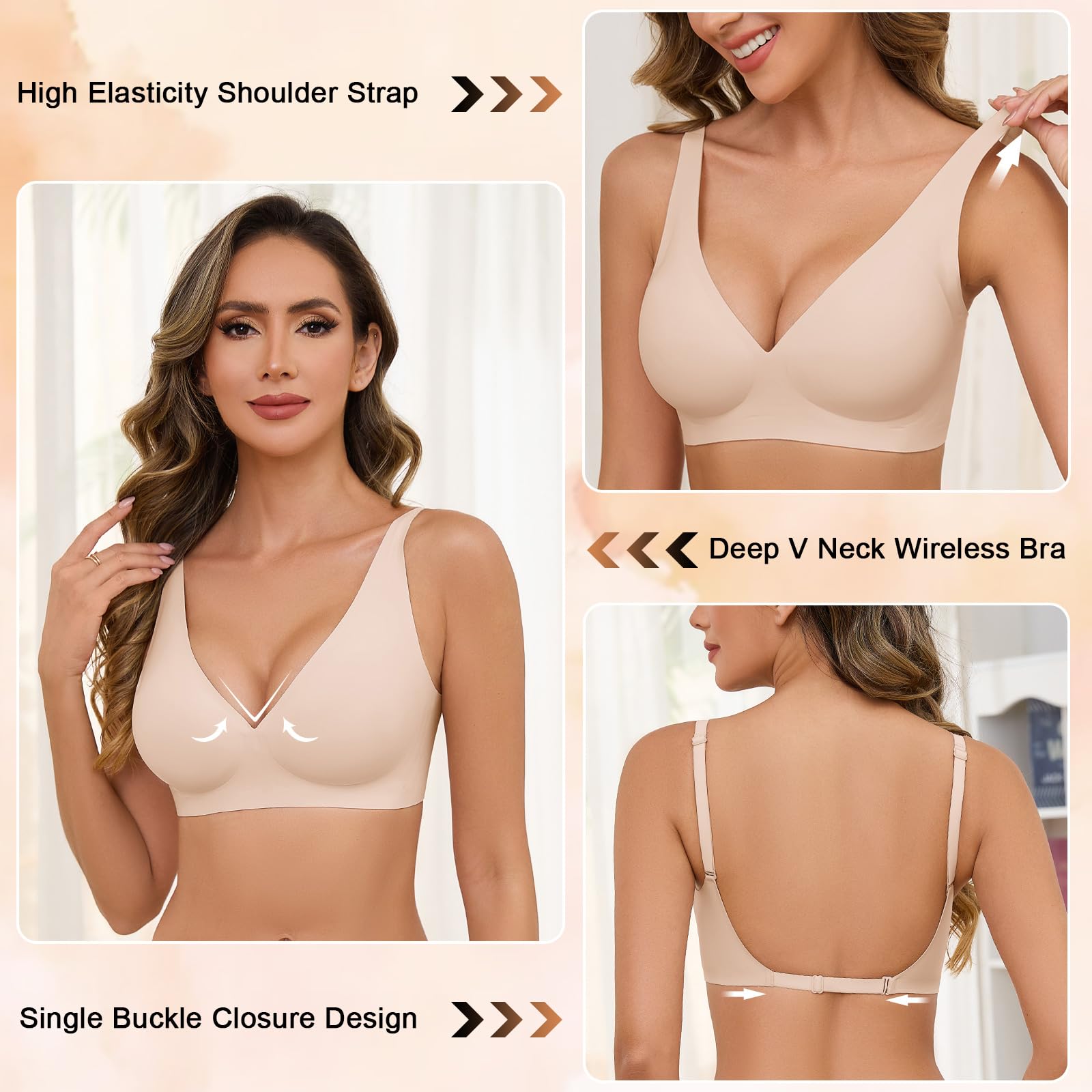 Niwicee Sujetador sin Espalda para Mujer Sujetadores sin Costuras Invisible Sujetador Push Up en V Profunda Sujetador Tirantes Multidireccionales Convertibles para Vestido y Boda