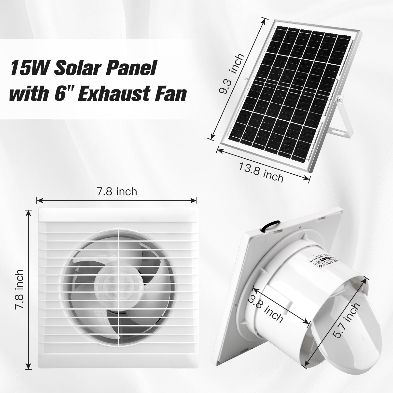 blessny Ventilador de escape alimentado por energía solar, panel solar de 15 W + ventilador de ventilación de 6 pulgadas para invernadero exterior, gallinero, cobertizo, casa de mascotas