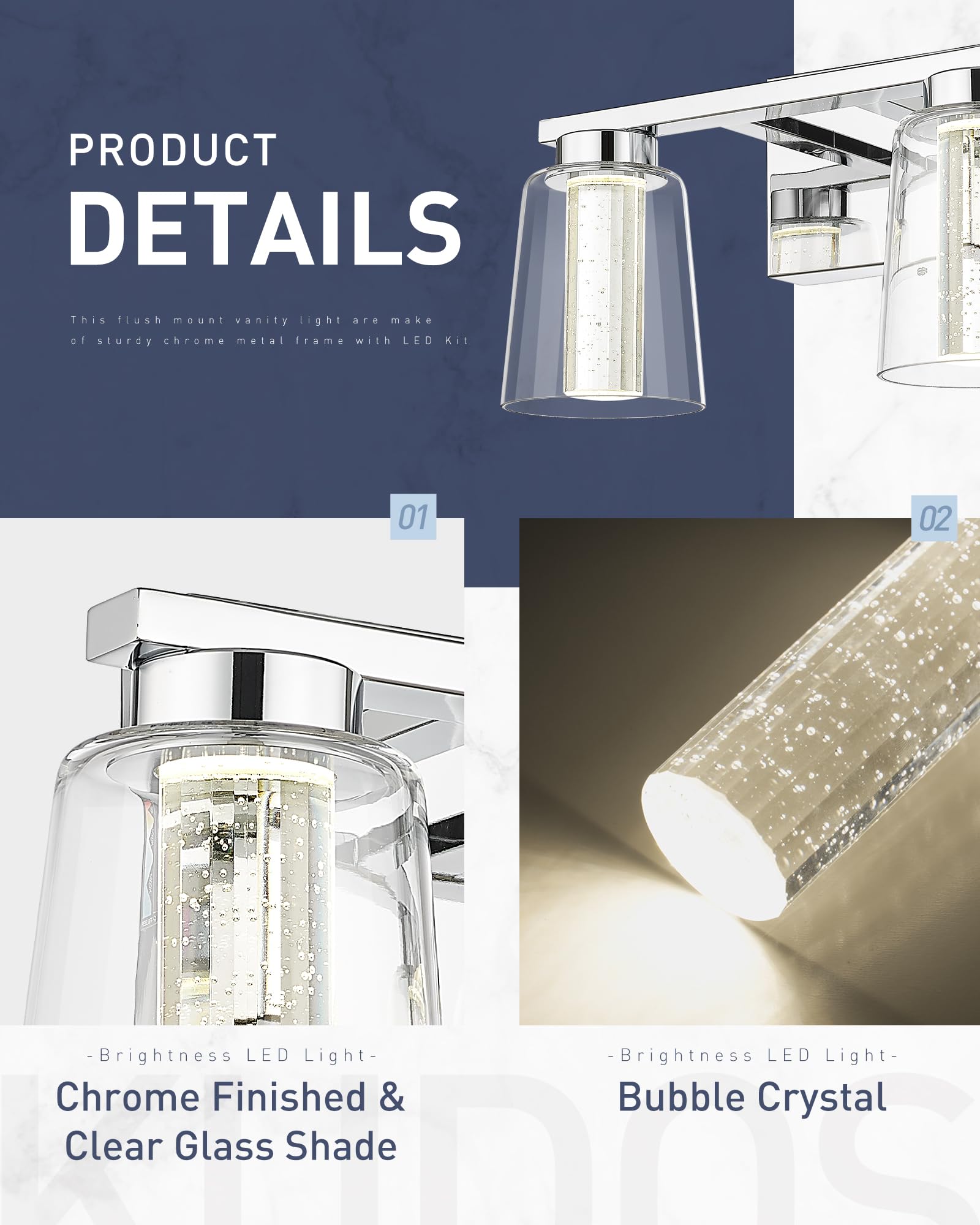 kudos Chrome Bathroom Light Fixtures, 2-Light Modern LED Vanity Light with Crystal Bubble and Clear Glass, 3000K/4000K/5000K Adjustable, KDVL03-CH-2