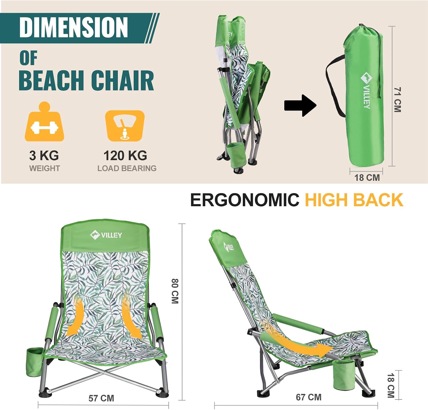  High Back Beach Chair for Adults, Lightweight Low Folding Chair thumbnail