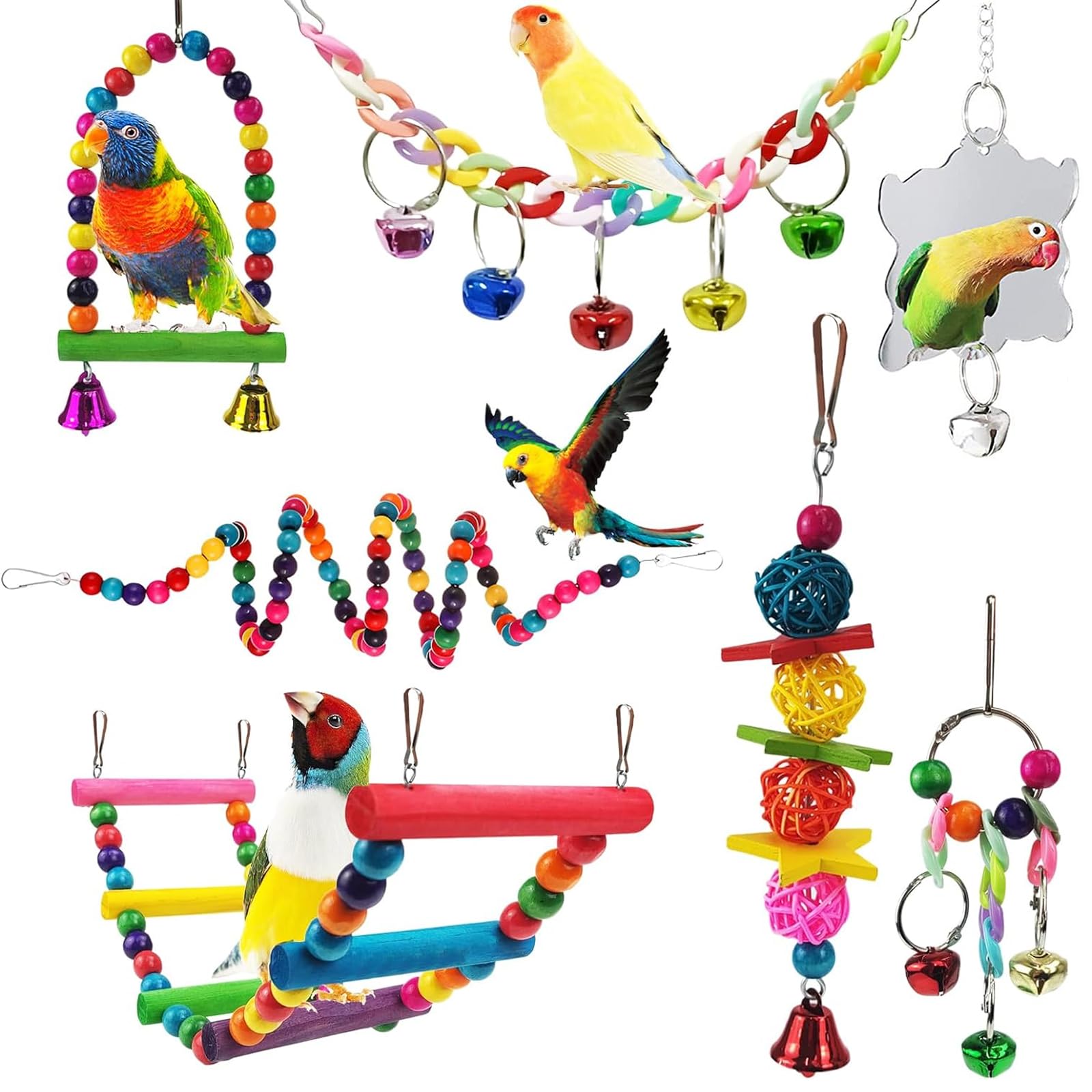 Vueinrg 7 Piezas Juguetes Agapornis Juguete para Pájaros de Madera Juguetes para Loros Uguete de Masticación Columpios con Campanas para Pequeños y Medianos Periquitos Agapornis Cockatiels Cacatúas