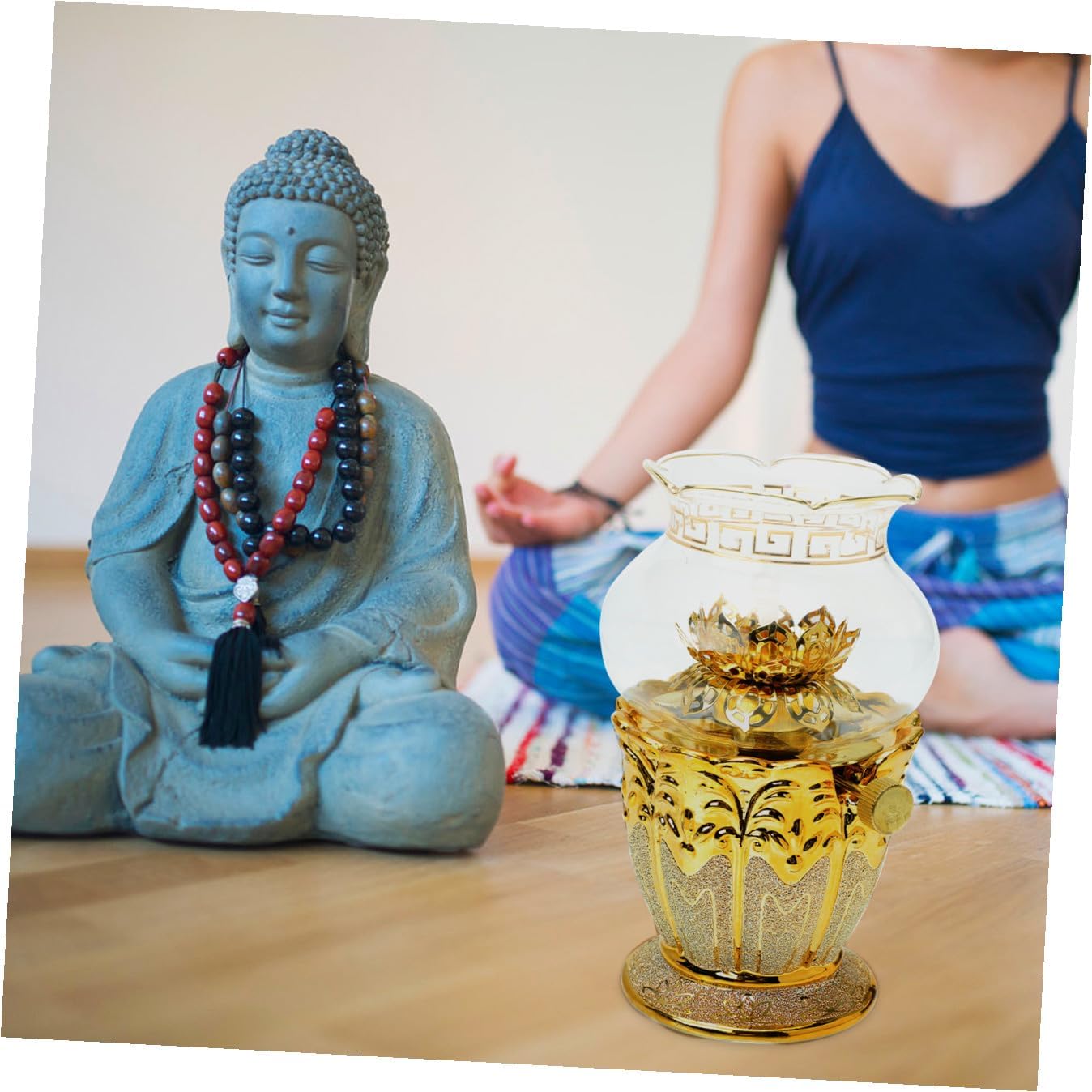 Lotus Shape Kerosene Oil Lamp with Windproof Glass Cover Lightweight Portable Buddhist Butter Lamp for Indoor Use Decorative Temple Lighting Unique Vintage Style
