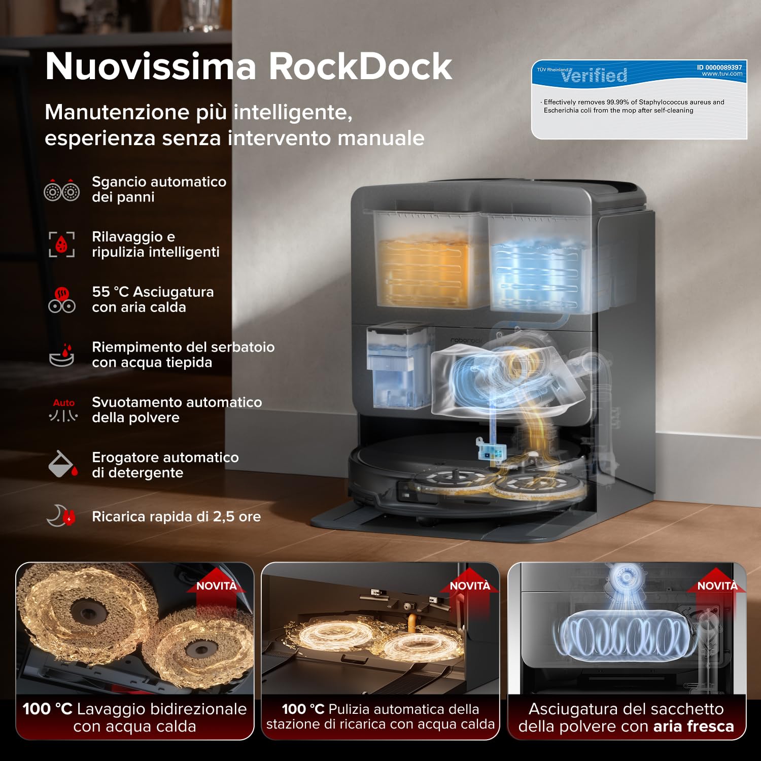 roborock Saros 20 Set Robot Aspirapolvere Lavapavimenti 36.000Pa, Supera Ostacoli da 8,8cm, Anti-Groviglio, Evita Oltre 300 Oggetti, Lavaggio Mocio con Acqua a 100°C, Nuovissima RockDock, Hello Rocky
