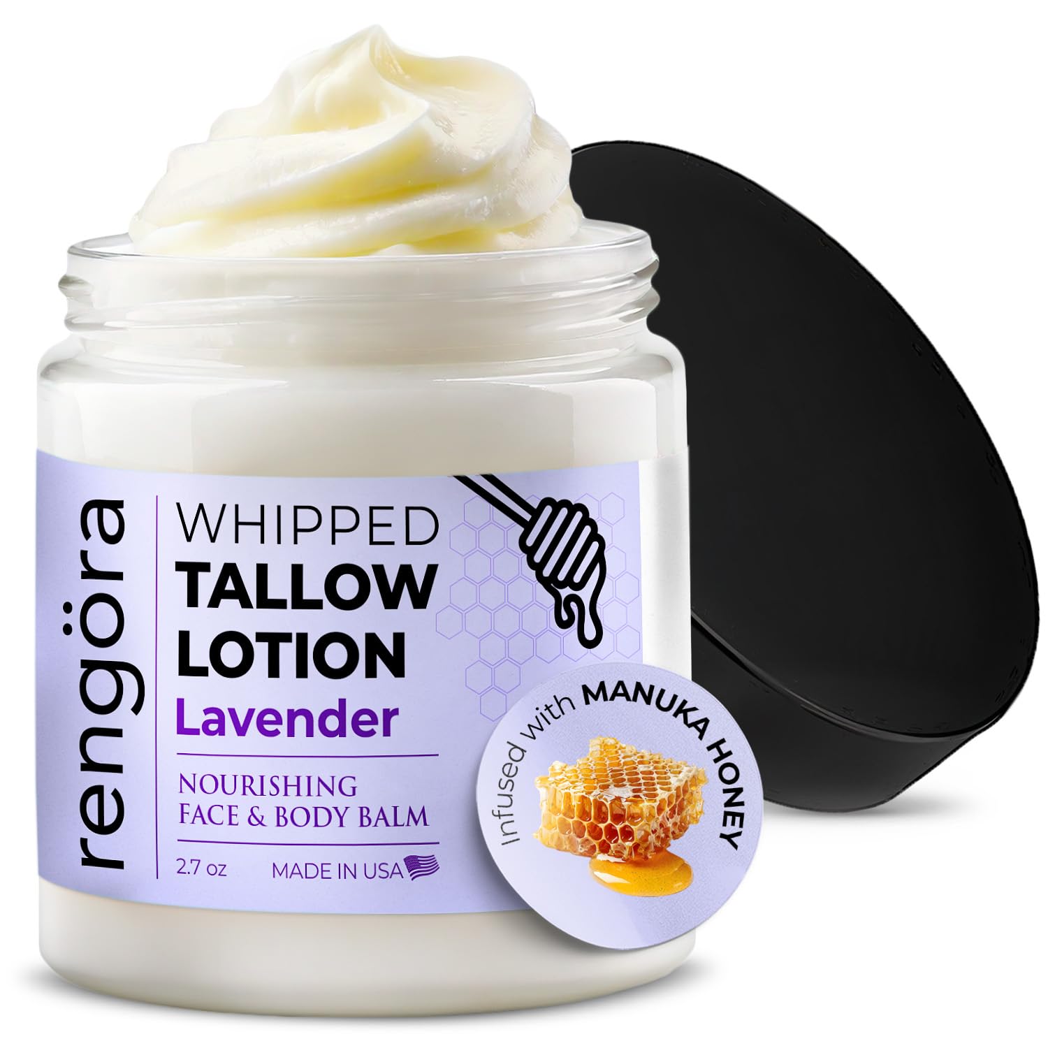 rengöra Whipped Tallow Balm - Lavender Beef Tallow for Skin 2.7oz - Grass Fed Beef Tallow Made in USA - Intense Hydration Skin Moisturizer for Men + Women with Jojoba Oil and Manuka Honey
