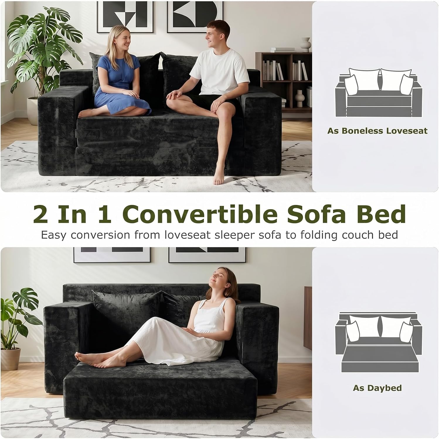 Boneless Loveseat Couch, Convertible Sofa Bed Folding Couch Bed, Boneless Chair Bed & Futon Sofa Bed, Small Pull Out Couch Foldable with 4 Pillows for Living Room, Black
