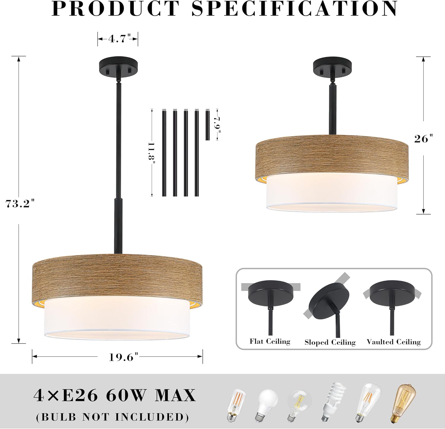 19.6" Rustic Drum Chandelier, 4-Light Wood Texture Pendant Lighting with White Fabric Shade, Farmhouse Chandeliers for Dining Room, Kitchen Island, Bedroom, Living Room, Office