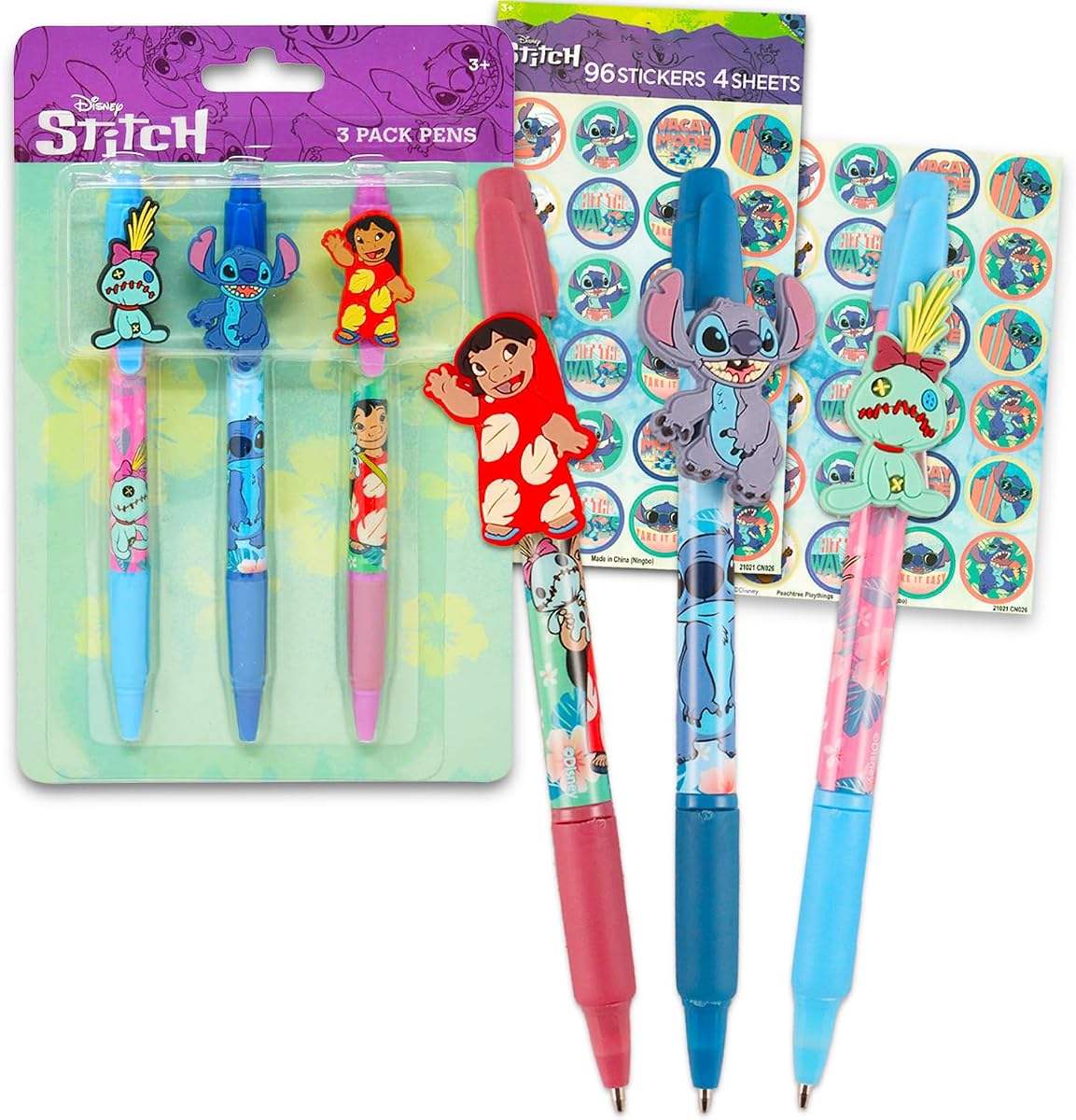 Juego de bolígrafos Disney Lilo y Stitch – Paquete con 3 bolígrafos Lilo y Stitch con clip más pegatinas para suministros escolares para niños, accesorios de escritorio para niños y niñas