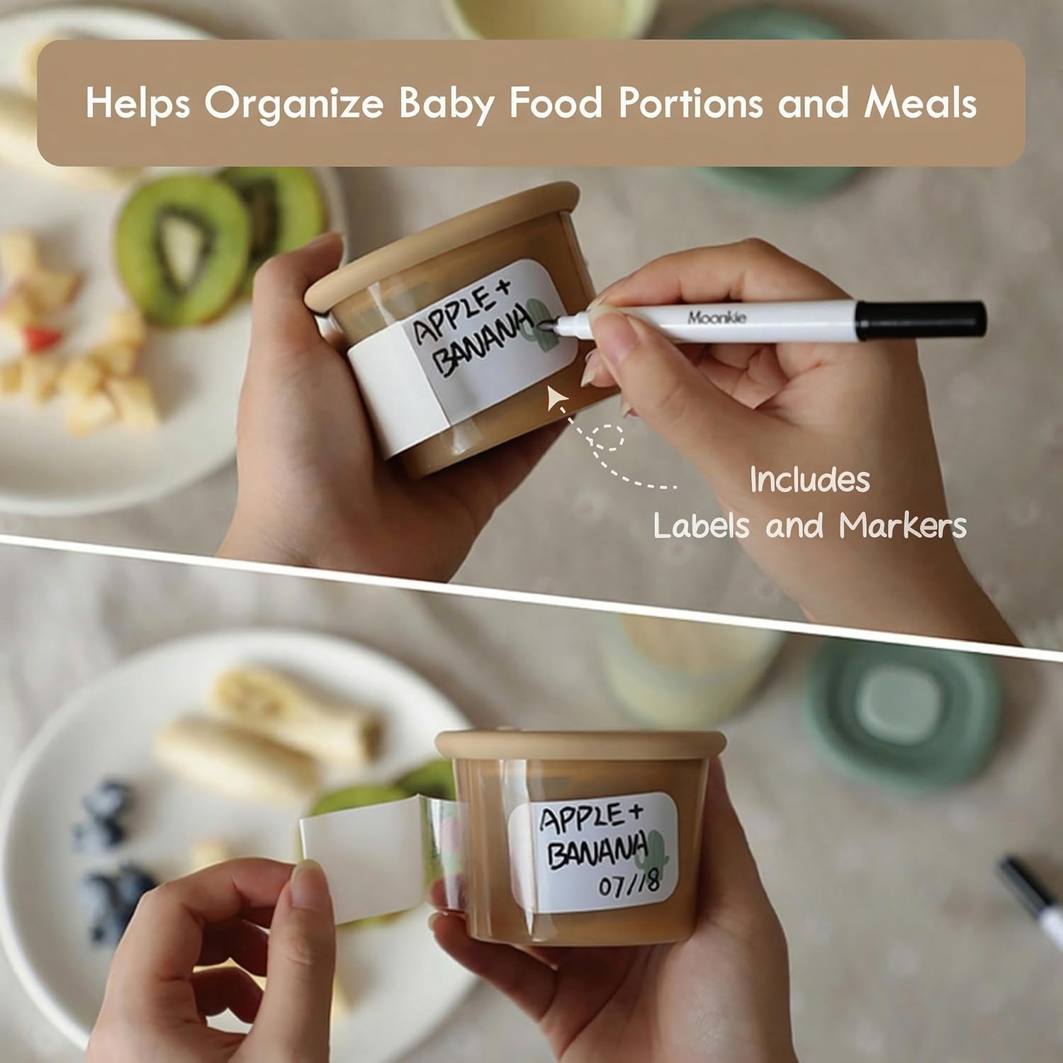 Moonkie Silicone Baby Food Containers | 8oz/4 oz Baby Food Storage Jars with Airtight Lids and A Snack Cup Lid | Freezer,Microwave and Dishwasher Safe, Reusable Baby Food Jars for Infant & Toddler