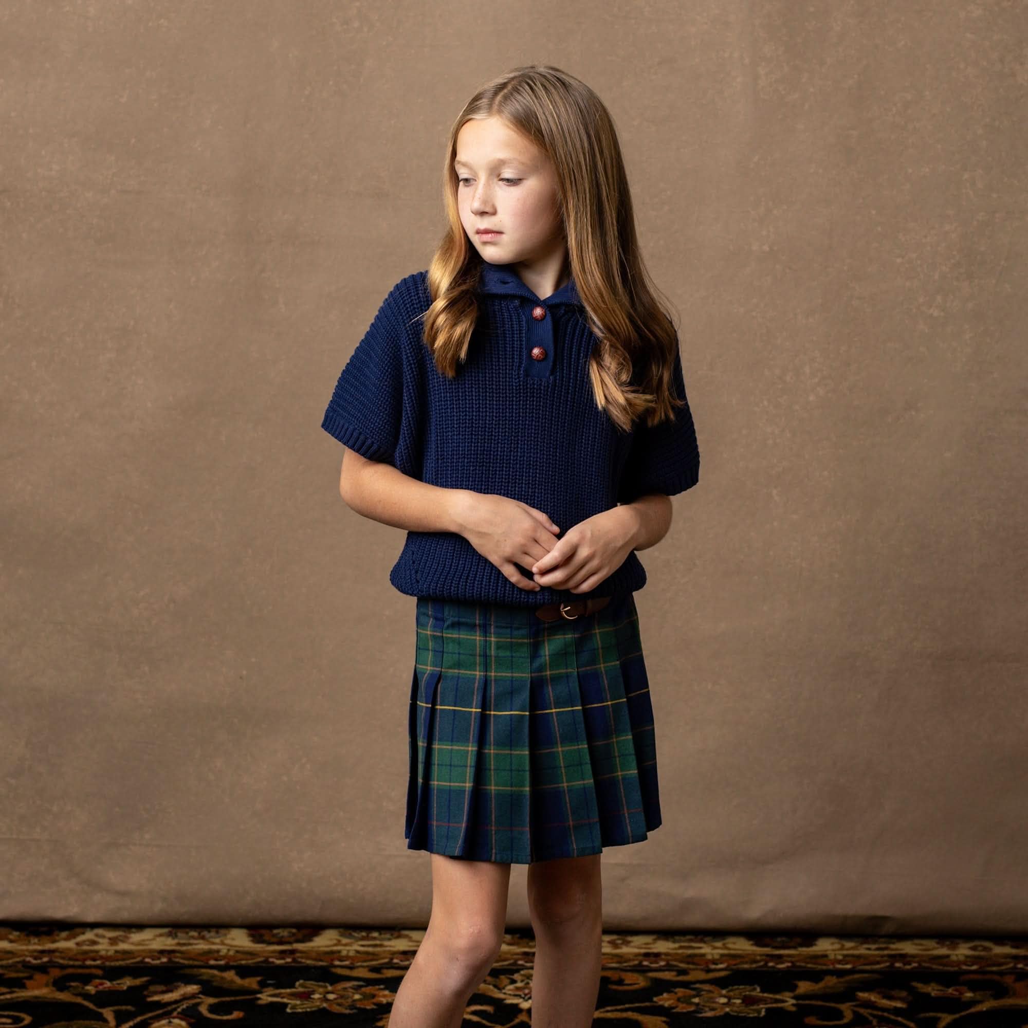 Hope & Henry Baby Girls' Organic Pleated Skirt with Buckle Detail, 18-24 Months, Navy Schoolgirl Plaid