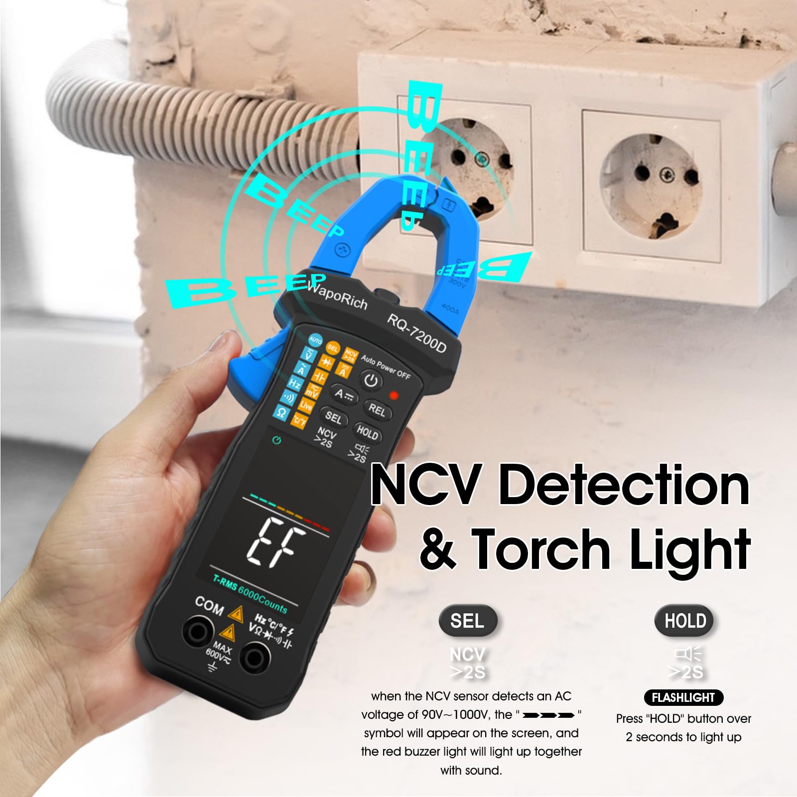 WapoRich Digital Clamp Meter TRMS 6000 Counts Multimeter RQ-7200D Auto Range NCV AC DC Voltage Current Resistance
