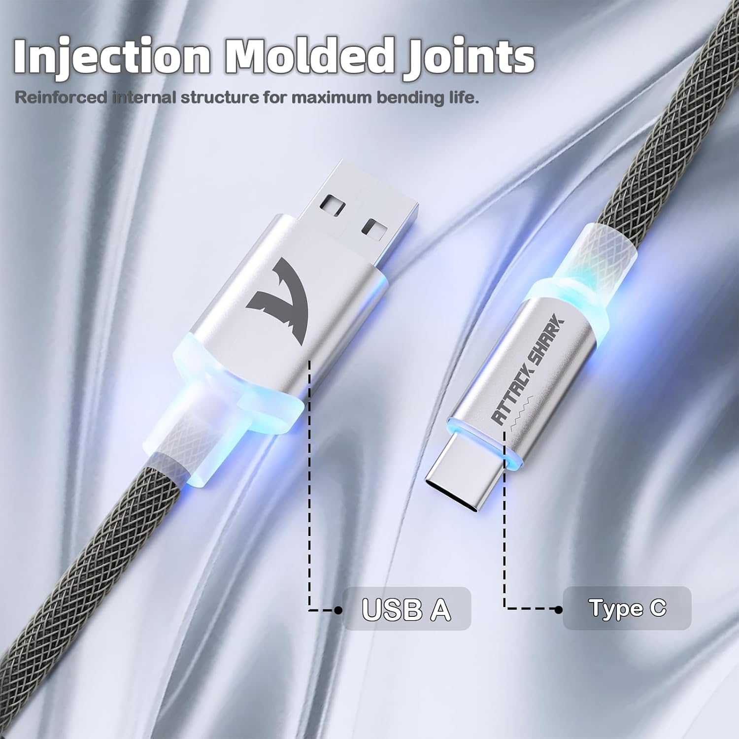 ATTACK SHARK C01 Ultimate Coiled Keyboard Cable for 8K Magnetic Switch Keyboards,Custom USB-C to USB-A Cable with Detachable Metal Aviator Connector,Double Braided Sleeve,RGB Lighting-Grey image 5