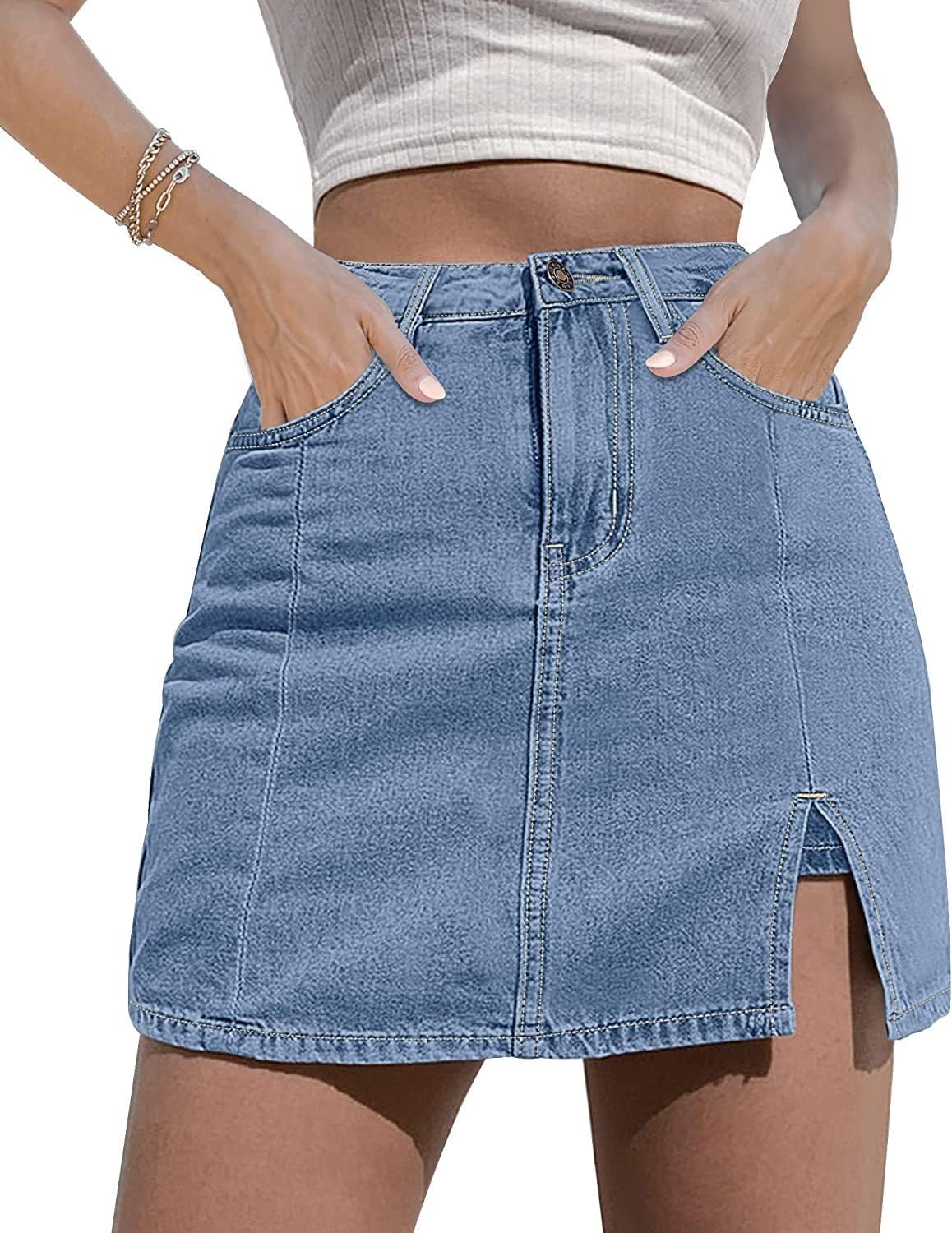 NEYOUQE Jupe en Jean pour Femmes Jupe d'été pour Femmes Jupe en Denim Jupe Courte à Hanches Jupe en Ligne Jupe Courte en Denim avec Poches