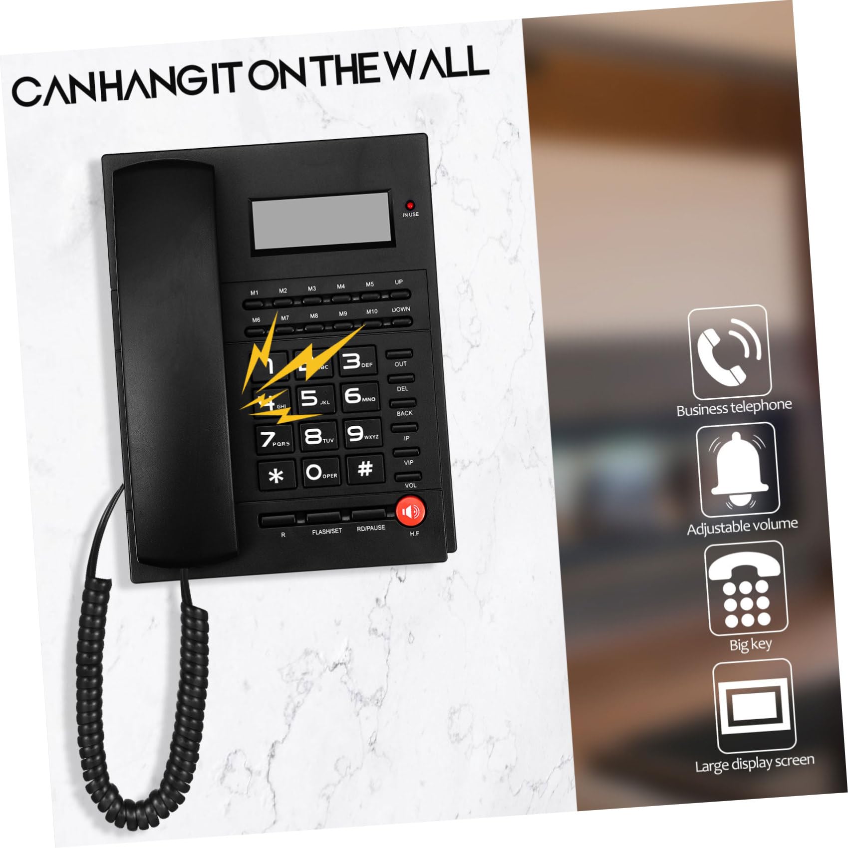 Lurrose Telefono da Scrivania Cablato L-13 in ABS Nero Display