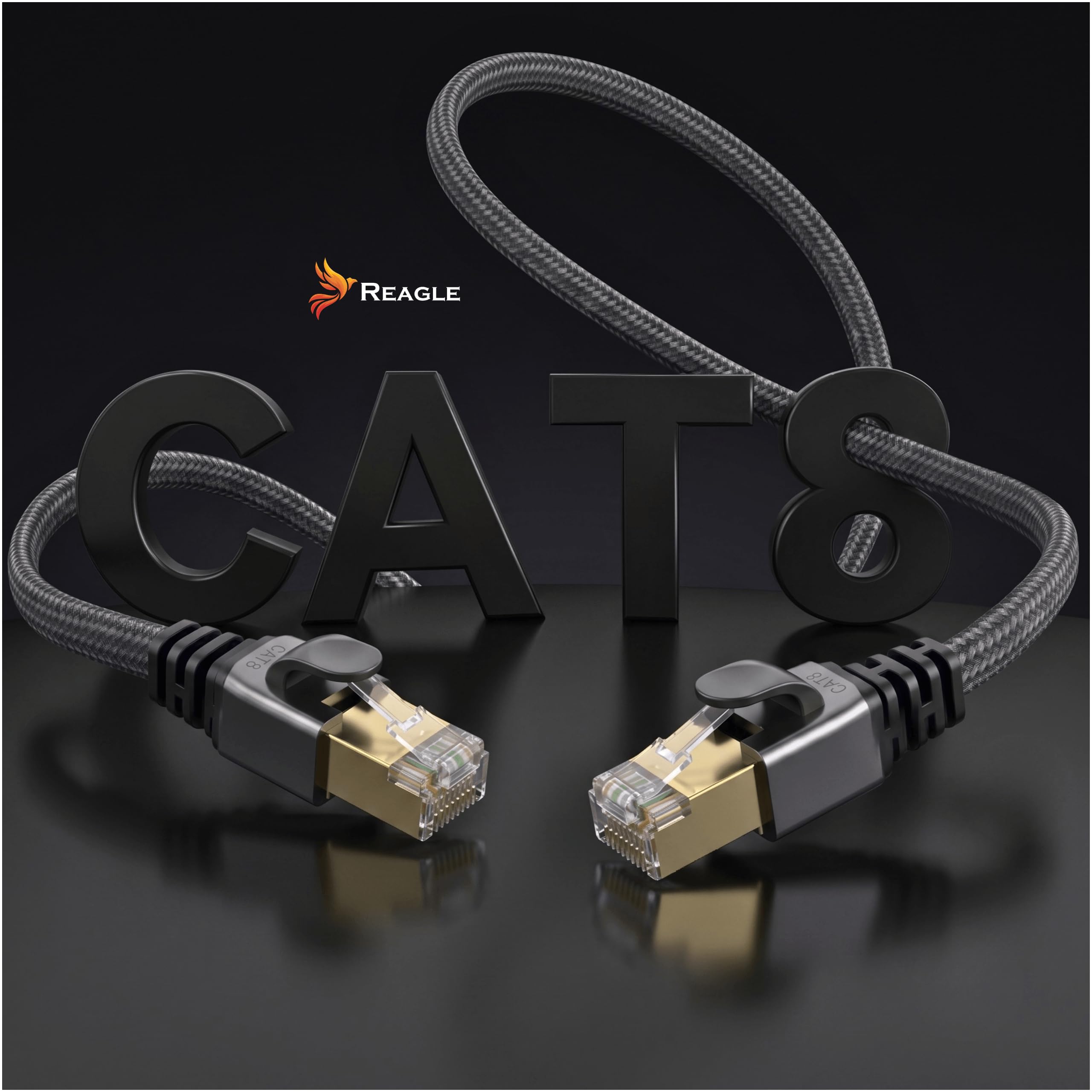 Reagle Câble Ethernet Cat 8 RJ45-15M Plat 40 Gbit/s 2000 MHz – Câble Réseau LAN Internet Blindé avec Gaine Nylon Tressé Connecteurs Dorés pour Routeur Modem Switch PC PS5 Smart TV