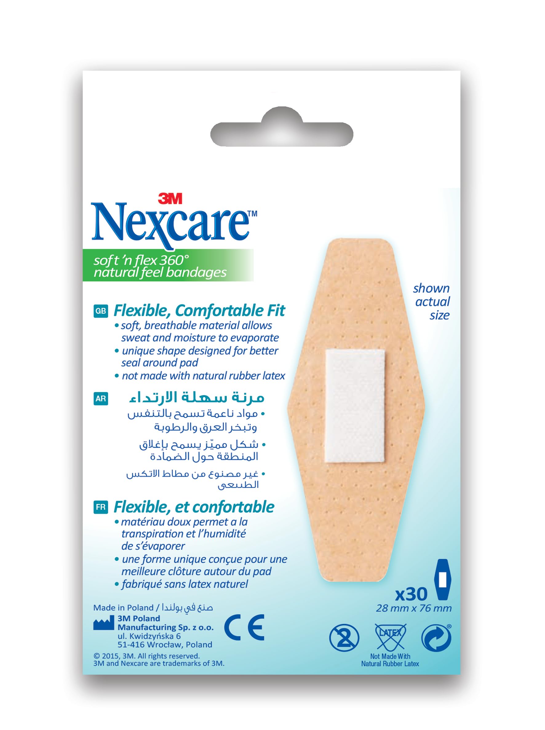 Nexcare Soft'n'Flex Comfort Bandages 28x76mm 30 Pieces - Cushioned Flexible Foam Adhesive Plasters in One Everyday Size, Bends with Movement, Breathable Comfortable Cover for Fingers & Hands