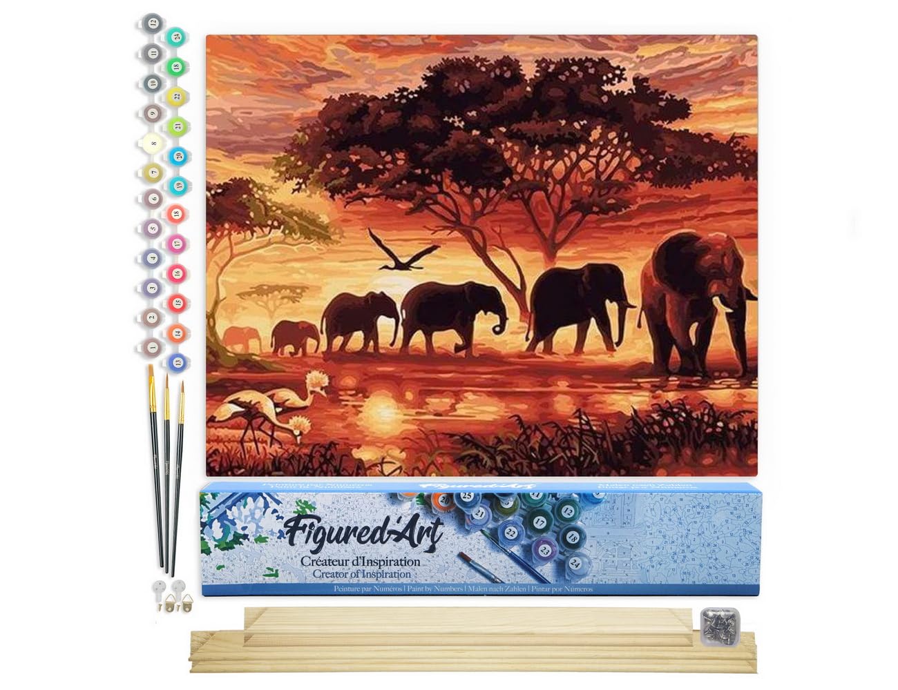 Figured'Art Paint by Numbers Kit for Adults Elephants at Sunset 16"x20" - Craft Art Painting Rolled Canvas with DIY Wooden Frame