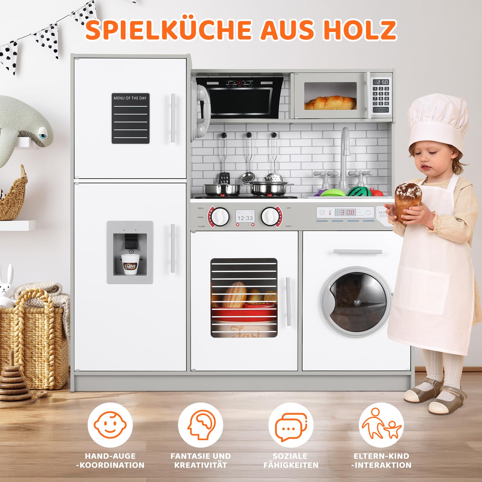MAMIZO Kinderküche Holz, Spielküchen aus Holz für Kinder, Spielzeugküche mit Licht und Sound, 82x80x25 cm Puppenküche Holz, mit Spielküche Zubehör, Spielzeug für Kinder ab 3 Jahren, Grau-Weiß