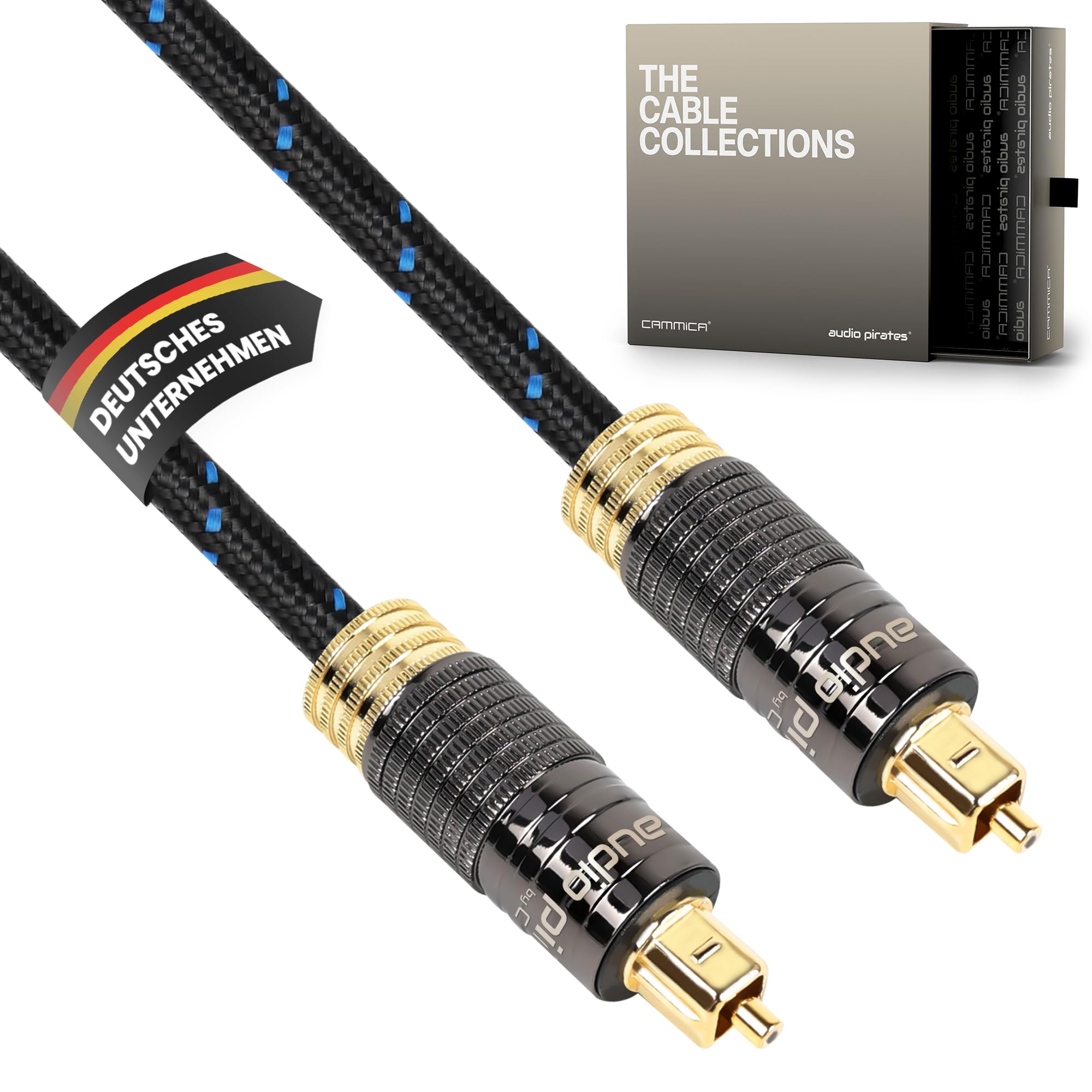 audio pirates Câble audio optique Toslink & câble numérique – Câble optique et Spdif 24 K plaqué or, boîtier en métal OD 5,0 mm, noir/bleu (lot de 2 – 10 mètres)