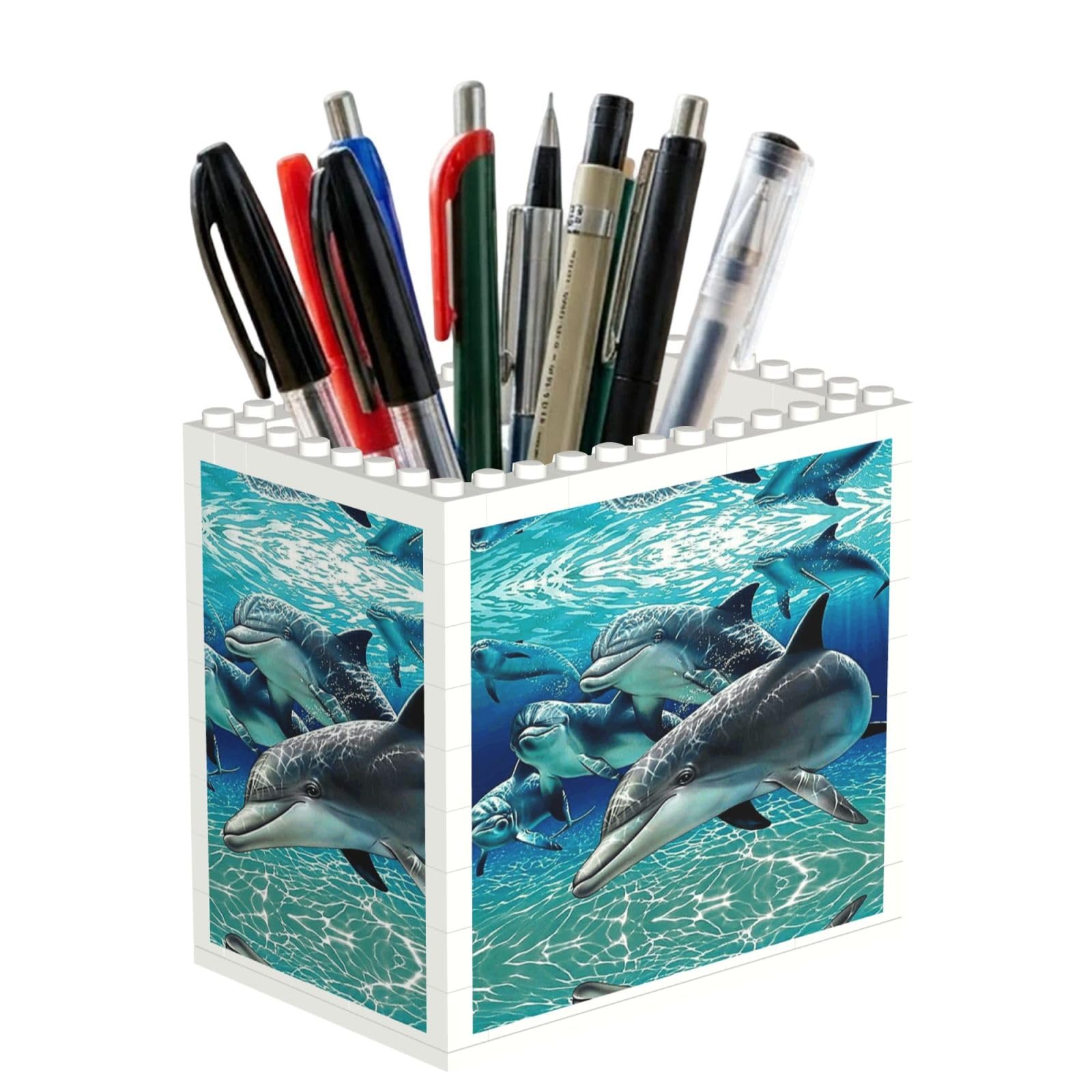 SATUSA Dolphins Print Building Block Texture Pen Holder - Pencil Holder For Desk Pen Organizer,Aesthetic Desk Accessories For Women(1pcs)