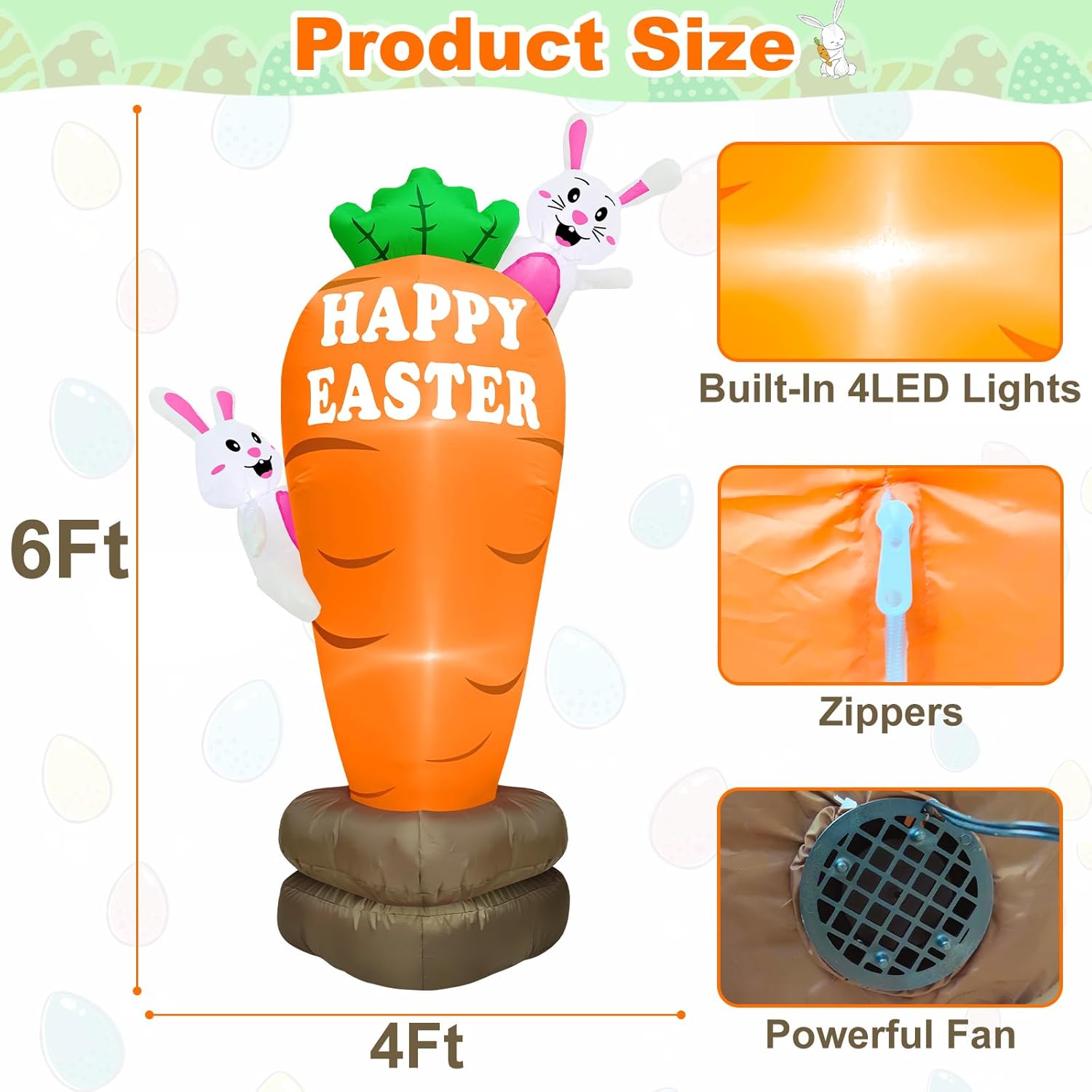 [ Rotatable Bunny Carrot ]6Ft Lighted Easter Inflatable Outdoor Decorations, Blow Up Bunny with Built-in 4 LED Lights,Easter Blow up Yard Decorations for Indoor Outdoor Garden Lawn Holiday Party Decor