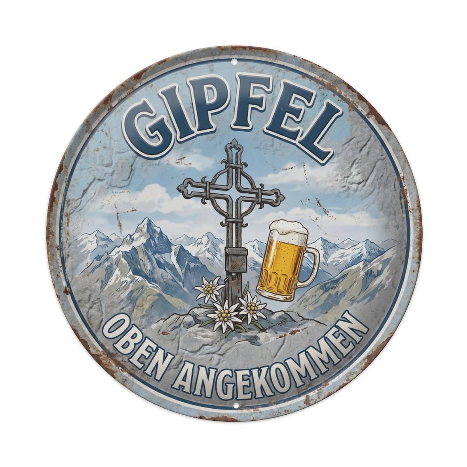 Vintage Bar Style Gipfel Summit Mountain Peak Metal Tin Sign Plaque Wall Decor for Cafe, Club, Garden Round Metal Poster 8x8Inch