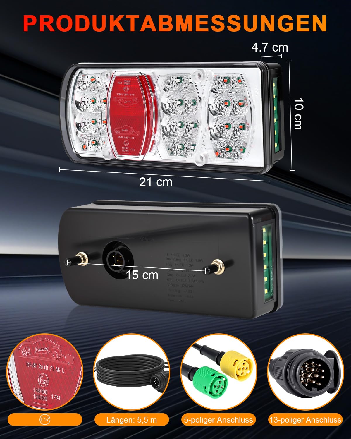 Dinfu LED Anhänger Rücklicht Set, 13-Pin Stecker Rücklicht Anhängerbeleuchtung E-Geprüfte mit 5M Kabel, für Anhänger Wohnmobile Transporter Pkw Lkw Wohnwagen