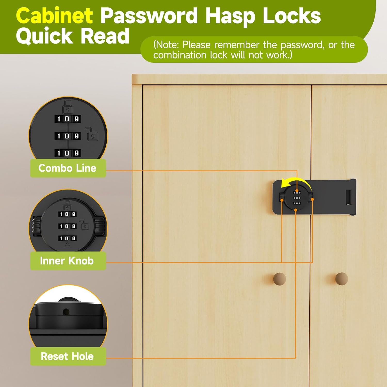 4.5 Inch Cabinet Lock with Combination Fit for Kitchen Cabinet, Pantry, Drawer, Household Mechanical Rotary Hasp 3 Digit Password Lock - Sturdy Zinc Alloy Door Latch (Black-1 Pc)