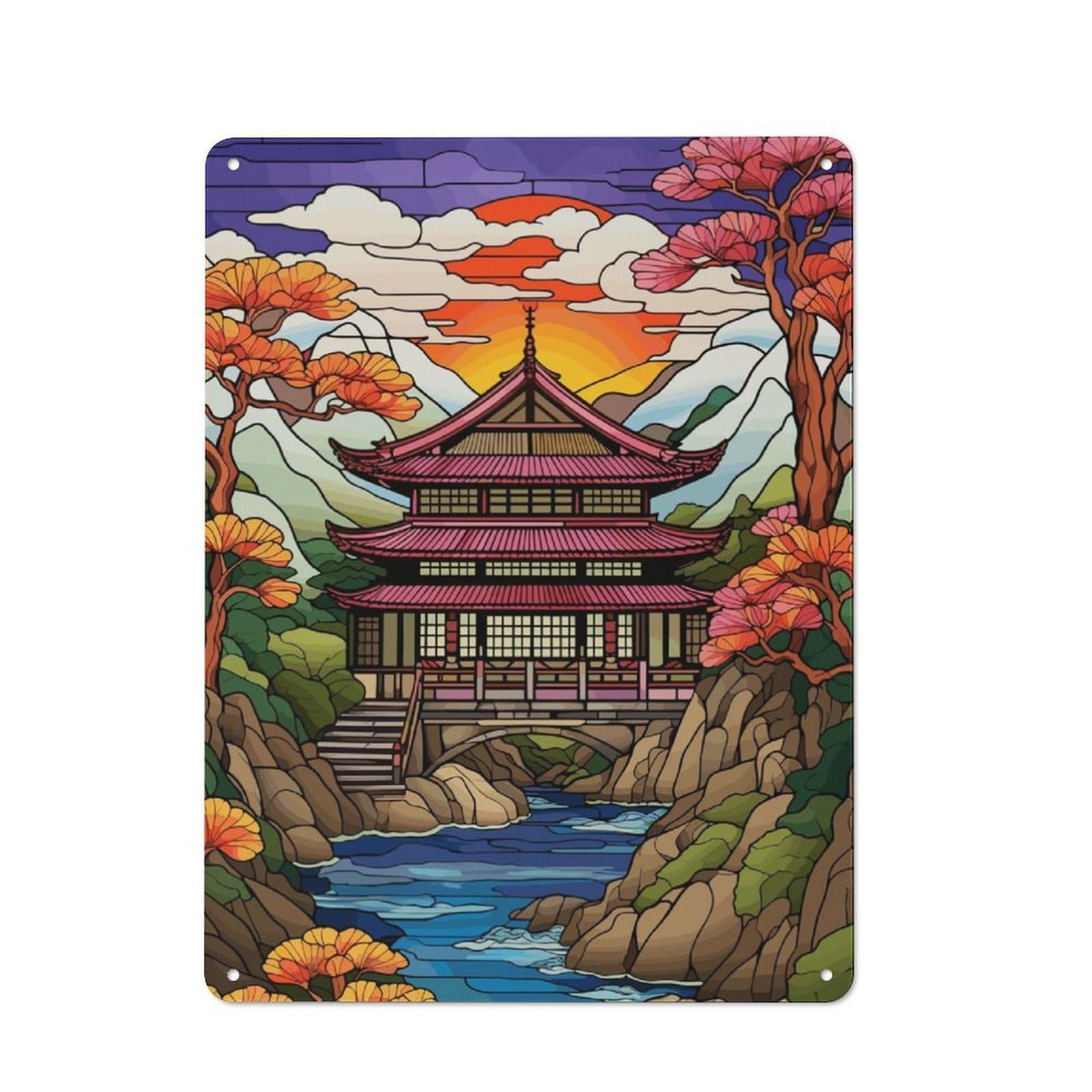 Junmoney Retro Japanese Landscape Retro Tin Sign 40X30cm For Hobby Room Or Studio, New-Space Wall Decor For Creative Interior Collectors