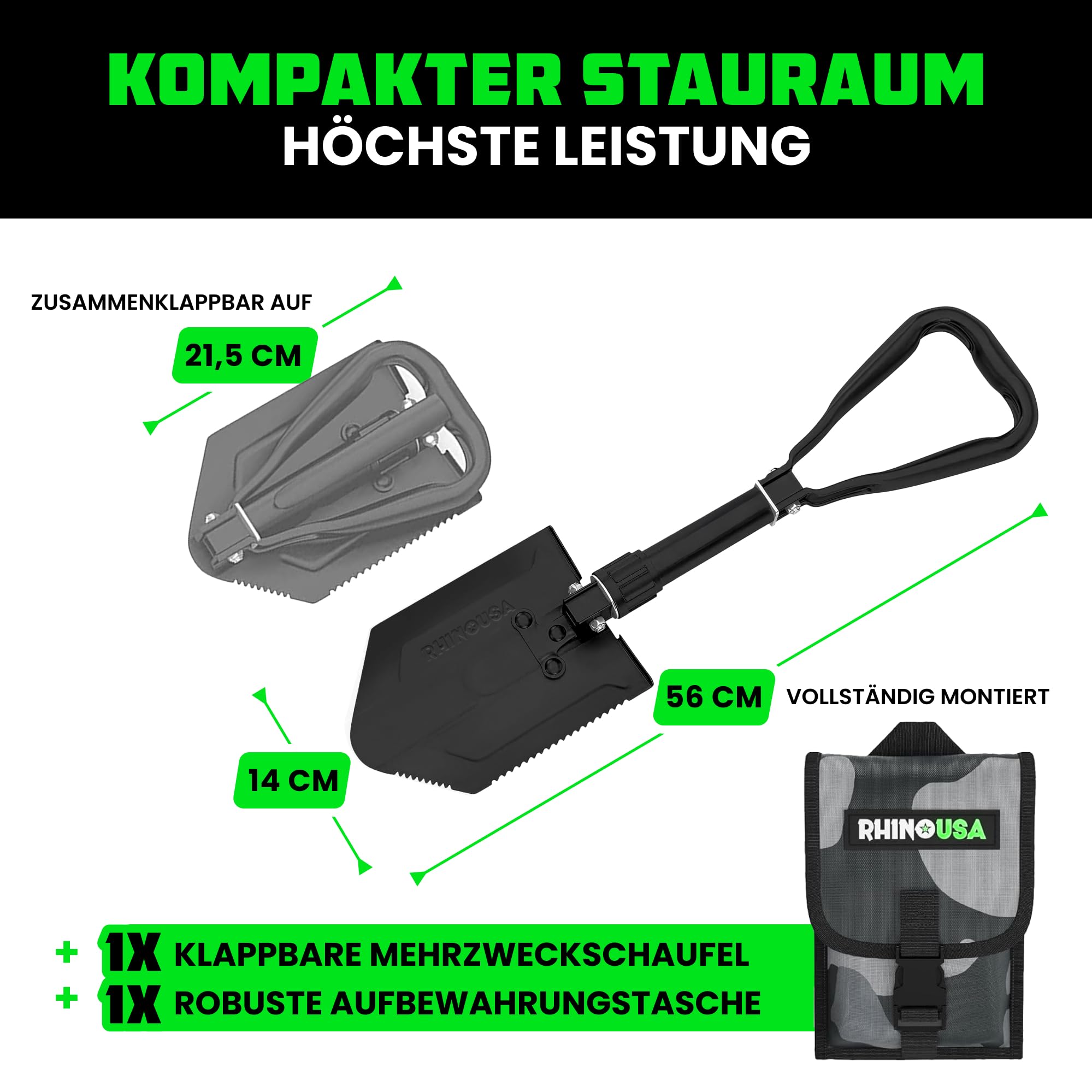 Rhino USA Klappspaten mit Hacke für die Survival Ausrüstung – Klappschaufel aus Karbonstahl für die Outdoor Ausrüstung, Campingausrüstung, als Gartenschaufel, Strandschaufel und Schneeschaufel
